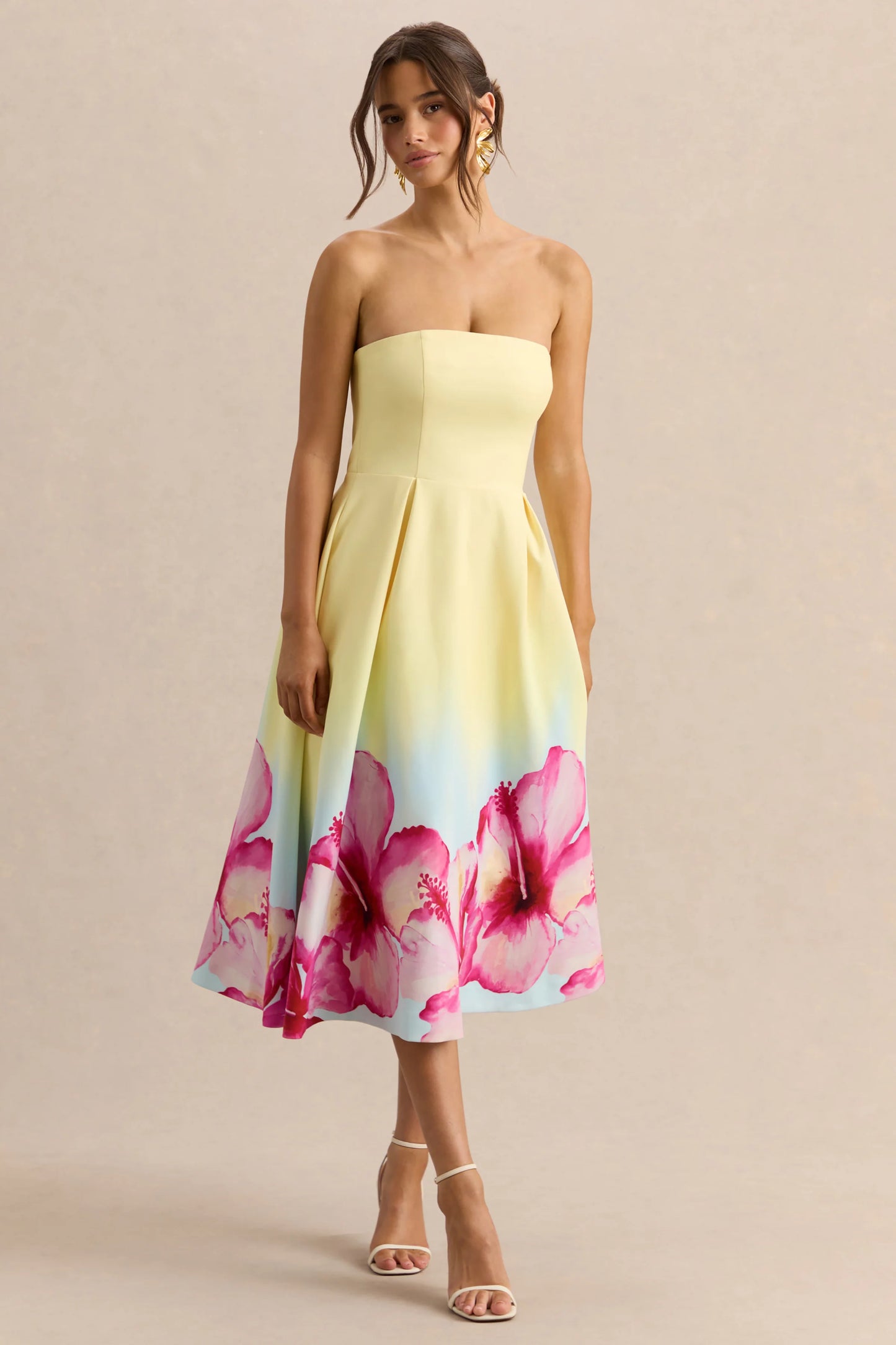 Zoya Yellow Ombre Lily Print Bandeau Midi Dress