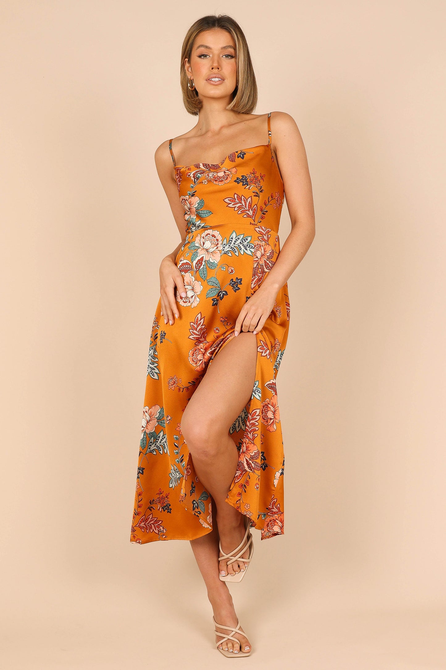 Alejandra Cowl Neck Midi Dress - Tan