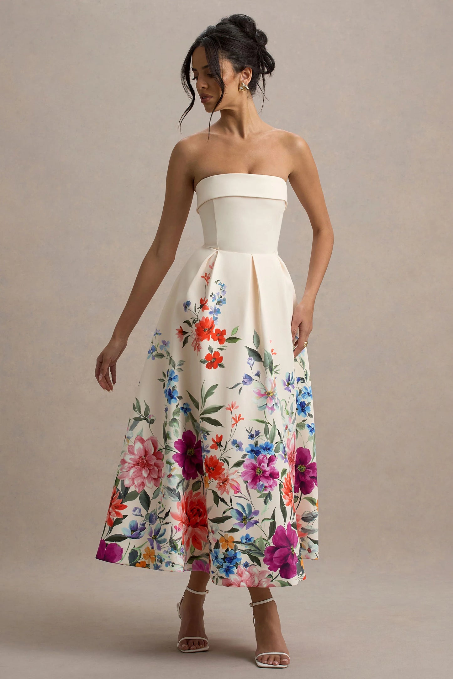 Annalise Light Pink Floral Print Bandeau Skater Midi Dress