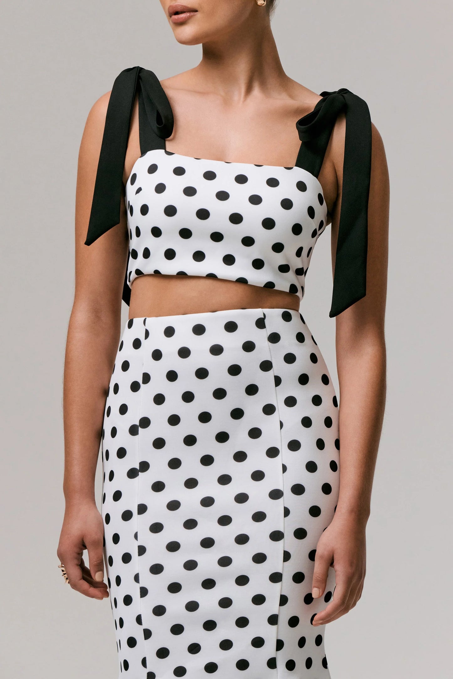 Phoebe Black & White Polka Dot Crop Top With Tie Straps Tie