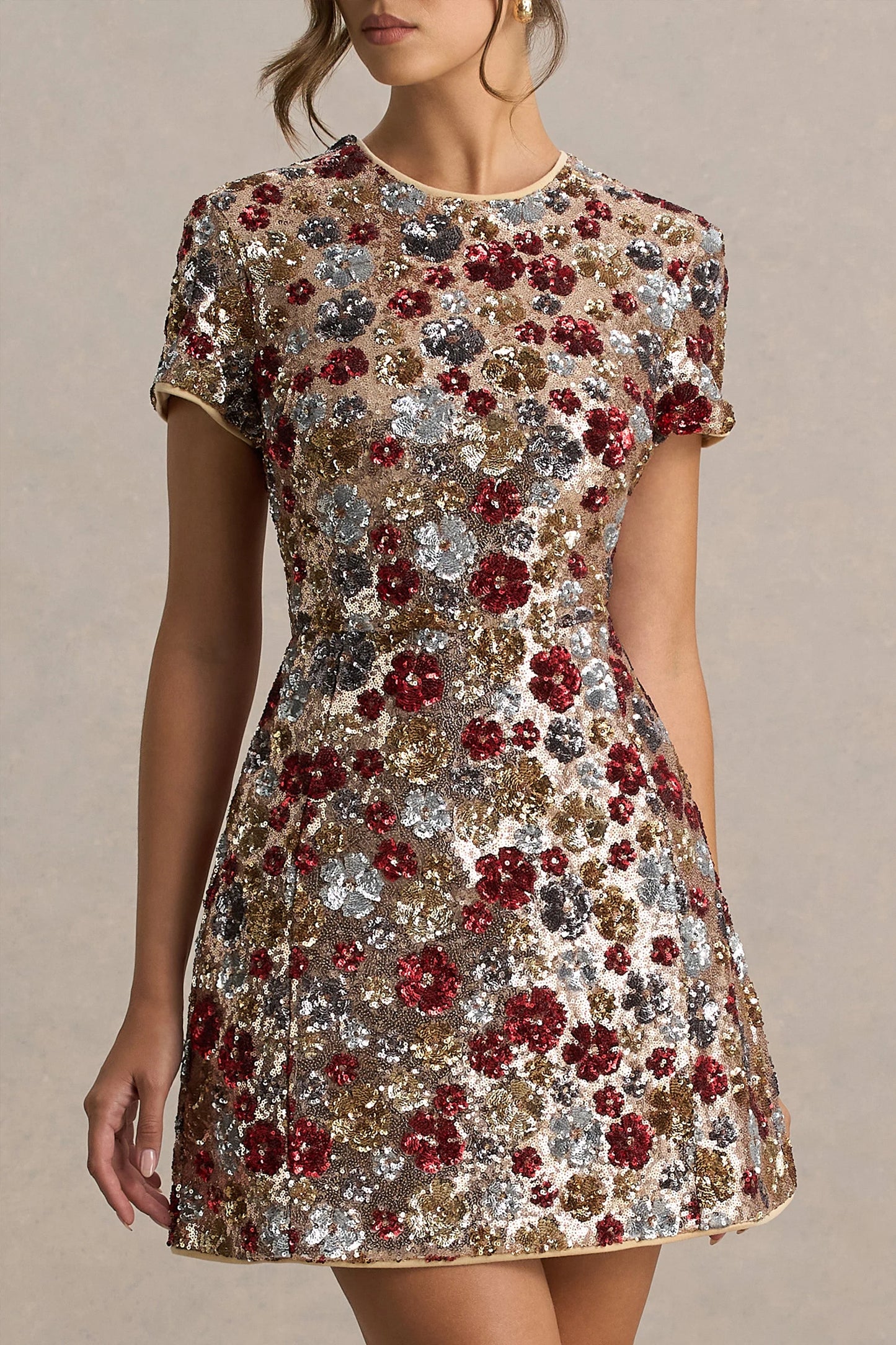 Eira Red Floral Embellished Sequin Crew-Neck Mini Dress