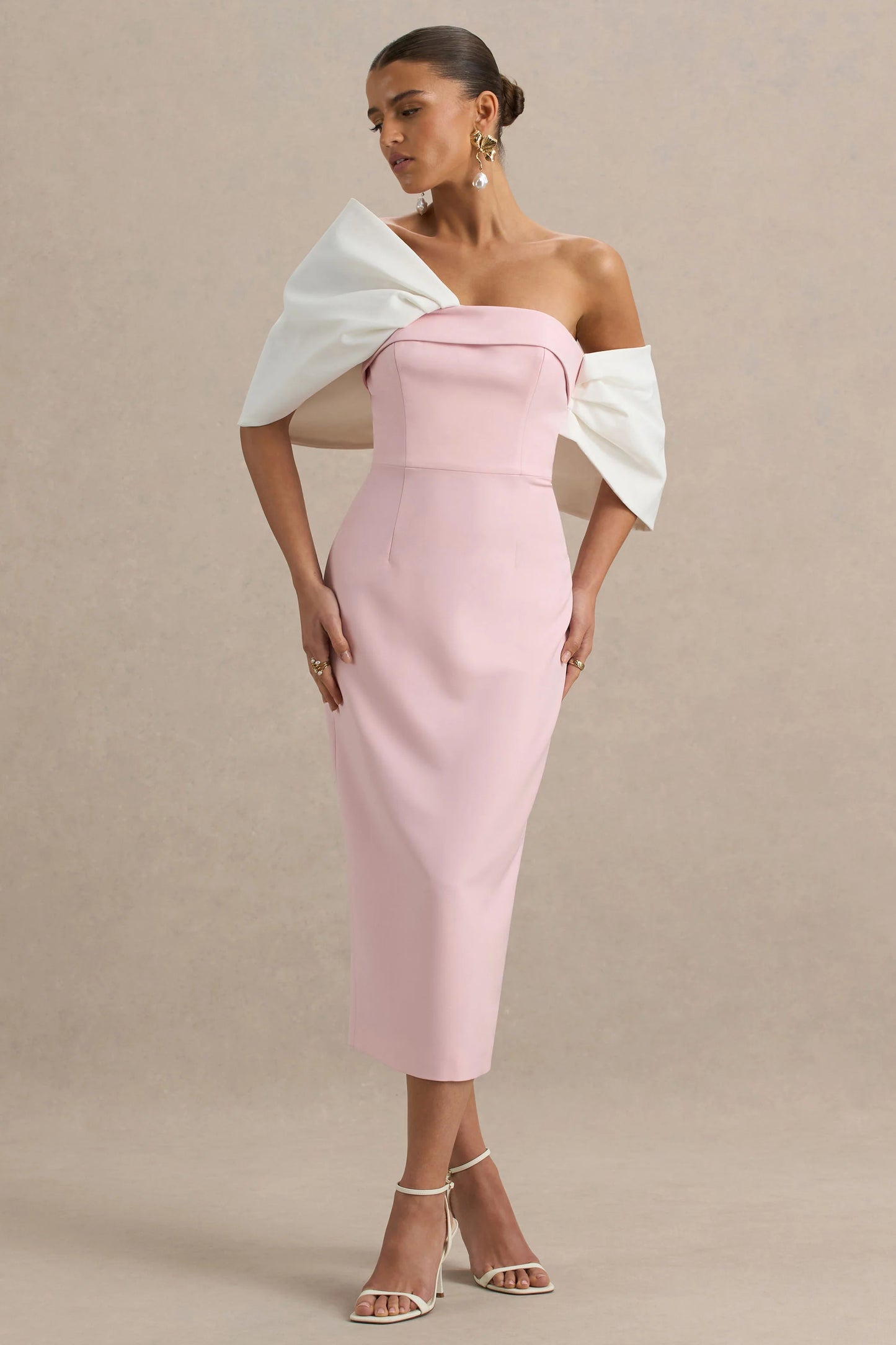 Lucille Rose & Pink Asymmetric Bardot Midi Dress With Bow Detail
