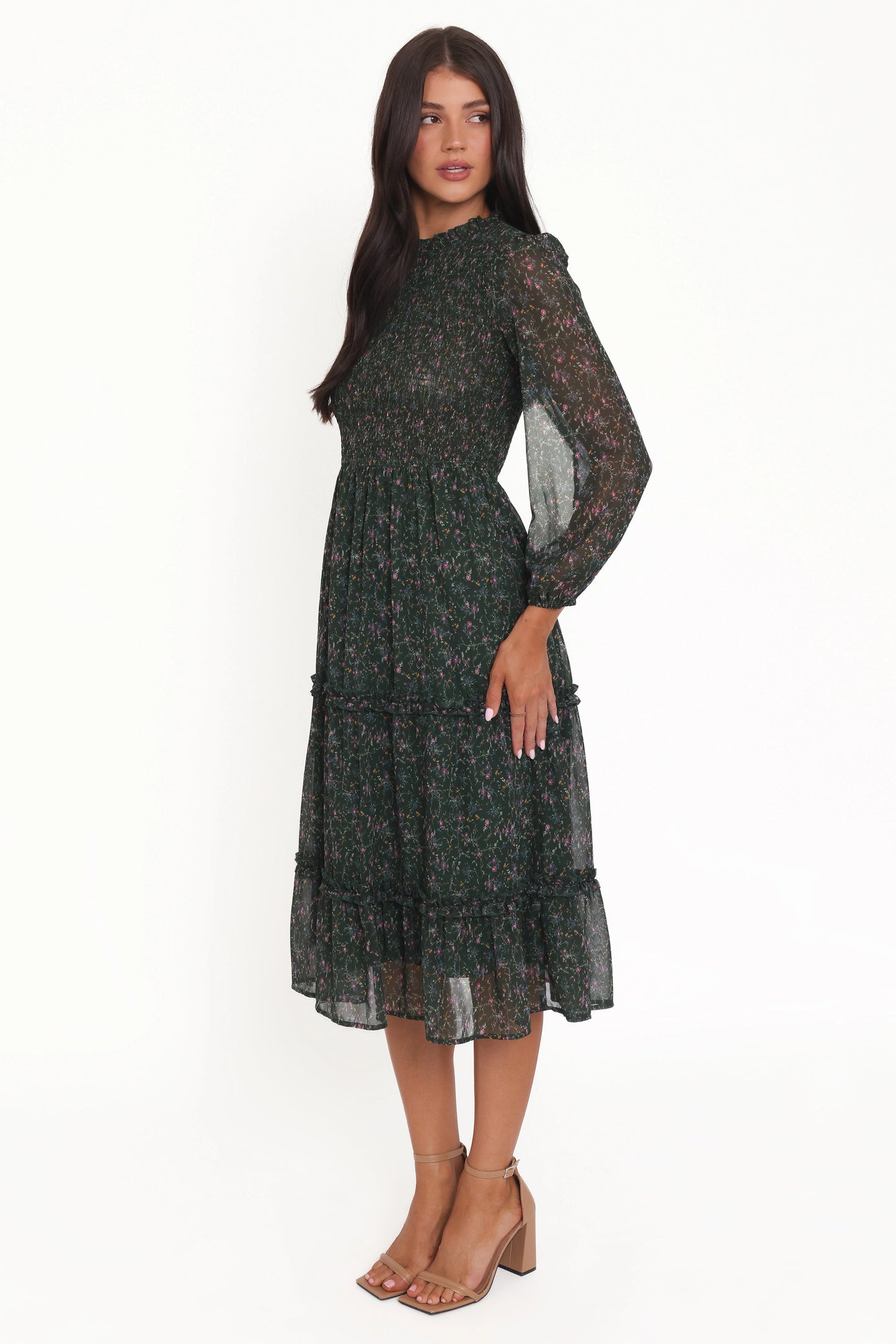 Edwina Shirred Frill Long Sleeve Midi Dress - Olive Floral
