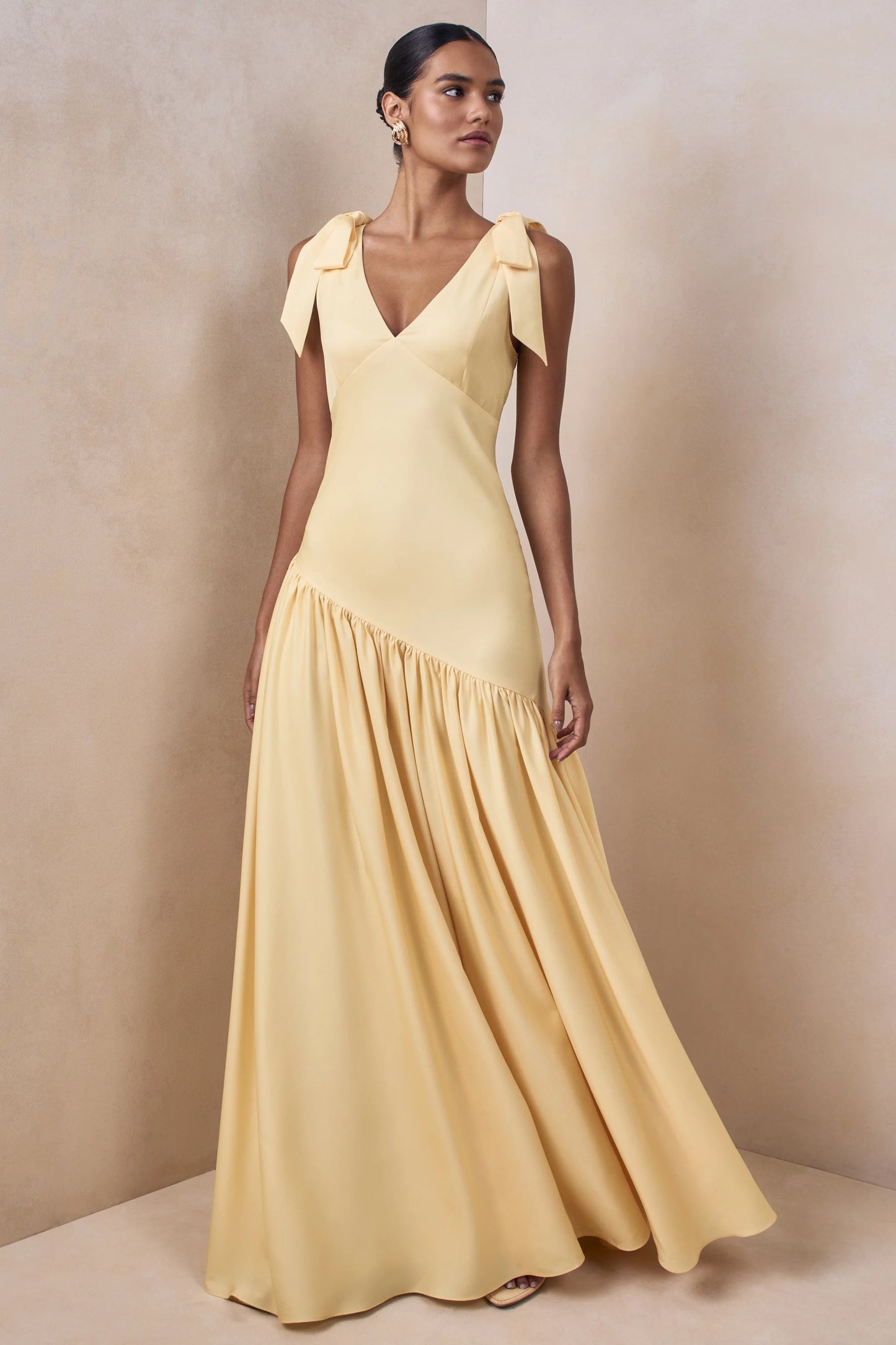 Cala Lemon Matte Satin Plunge-Neck Maxi Dress With Bow-Sleeves