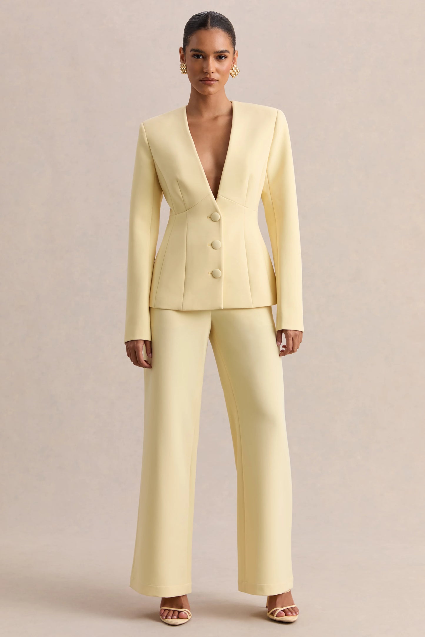 Rosalina Lemon Extreme-Plunge Neck Tailored Blazer