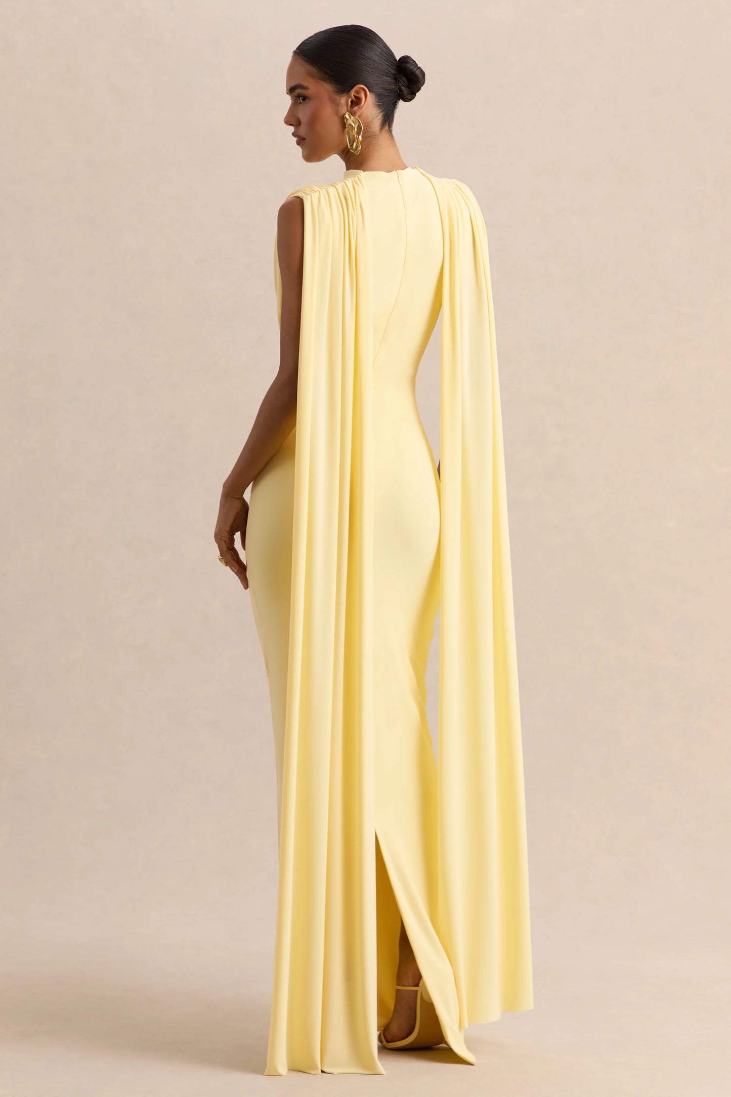 Patrina Lemon High-Neck Maxi Dress With Draped-Detailing And Cape-Sleeves