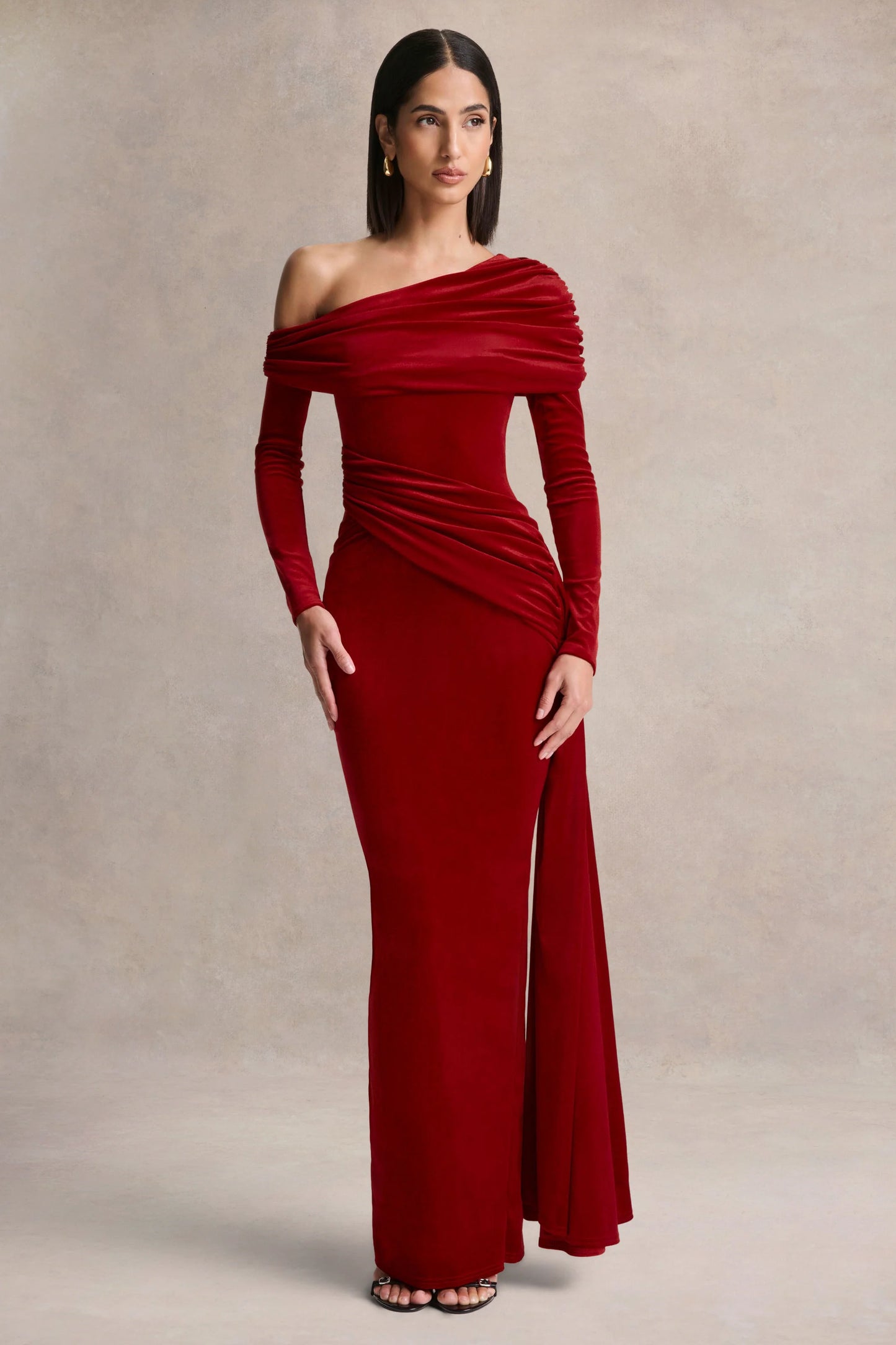 Hadria Red Velvet Asymmetric-Neck Maxi Dress With Sash-Detail