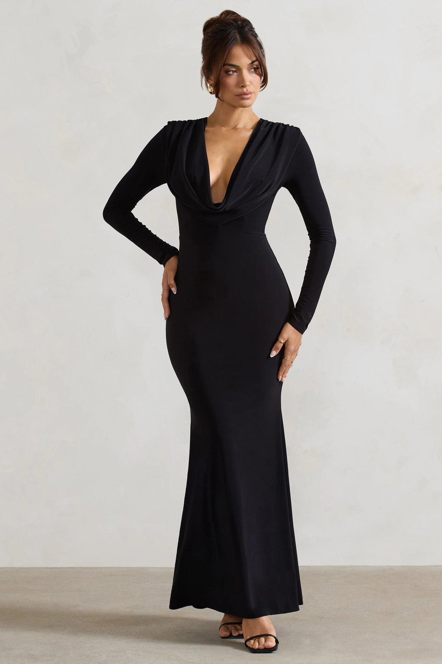 Heavy Heart Black Cowl-Neck Long-Sleeve Maxi Dress