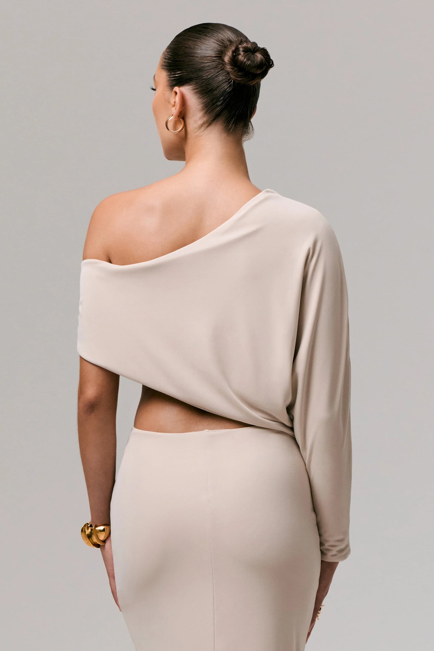 Dua Stone Asymmetric One-Sleeve Draped Top