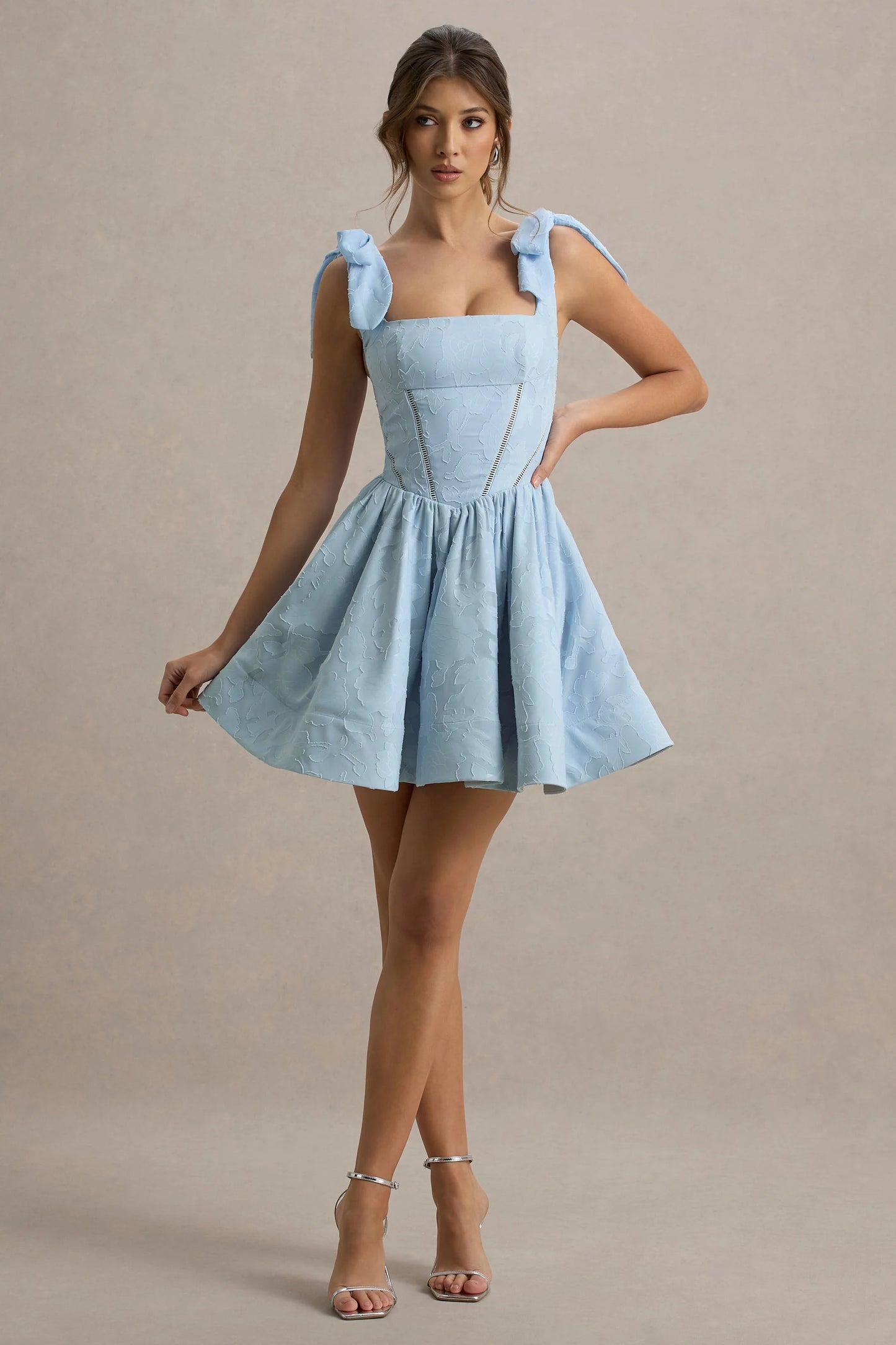Bethani Light Blue Skater Mini Dress With Bow Straps