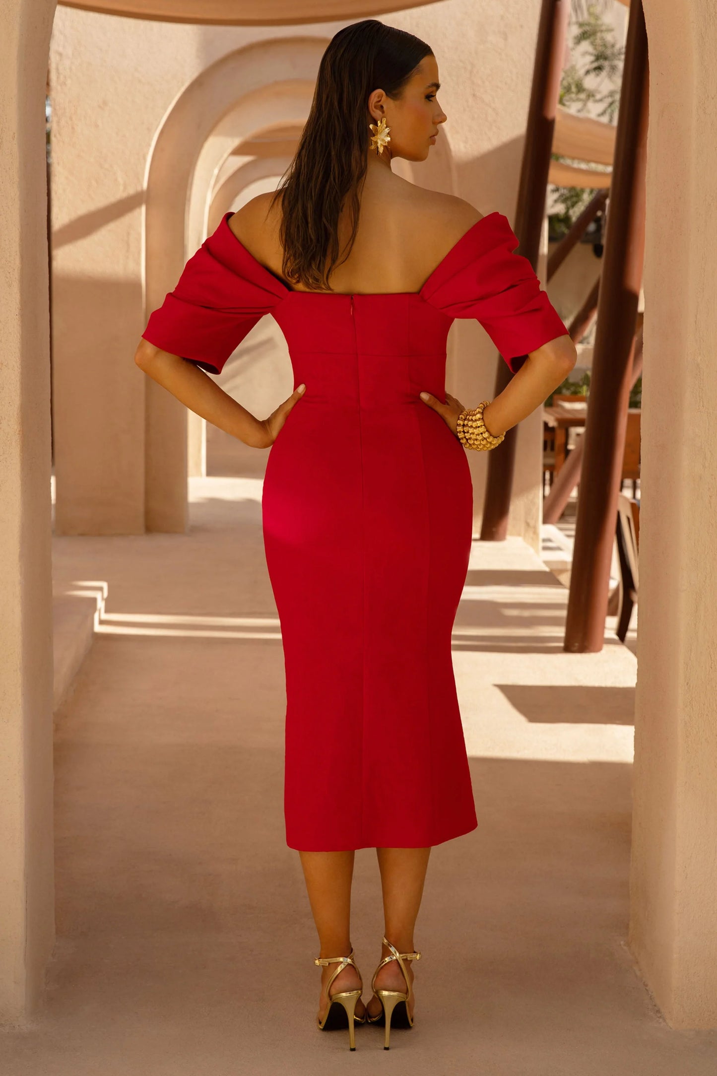 Fiona Red Plunge-Neck Split Midi Dress