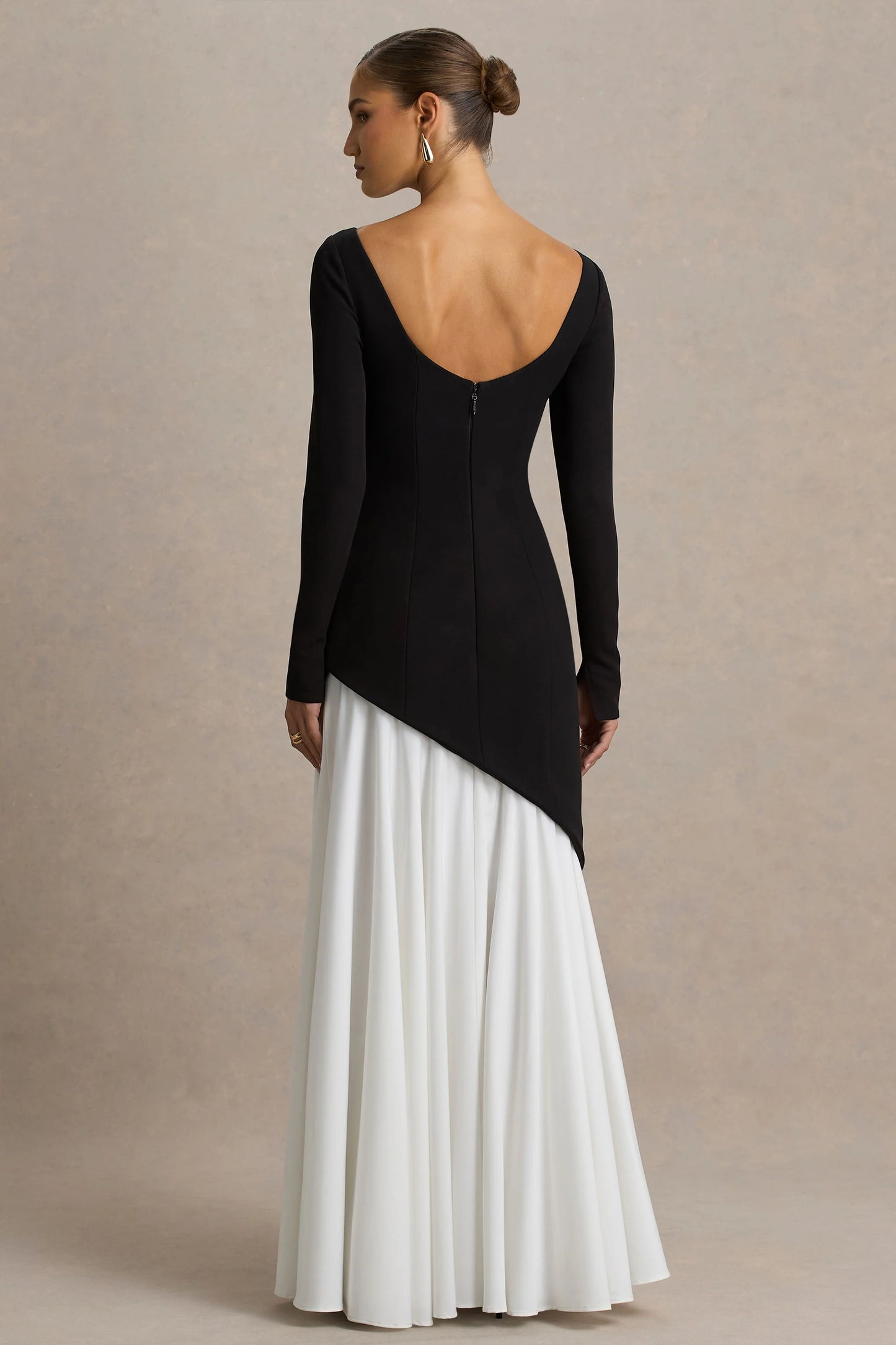 Caty Black And White Long-Sleeved Maxi Dress With Asymmetric Drop-Waist