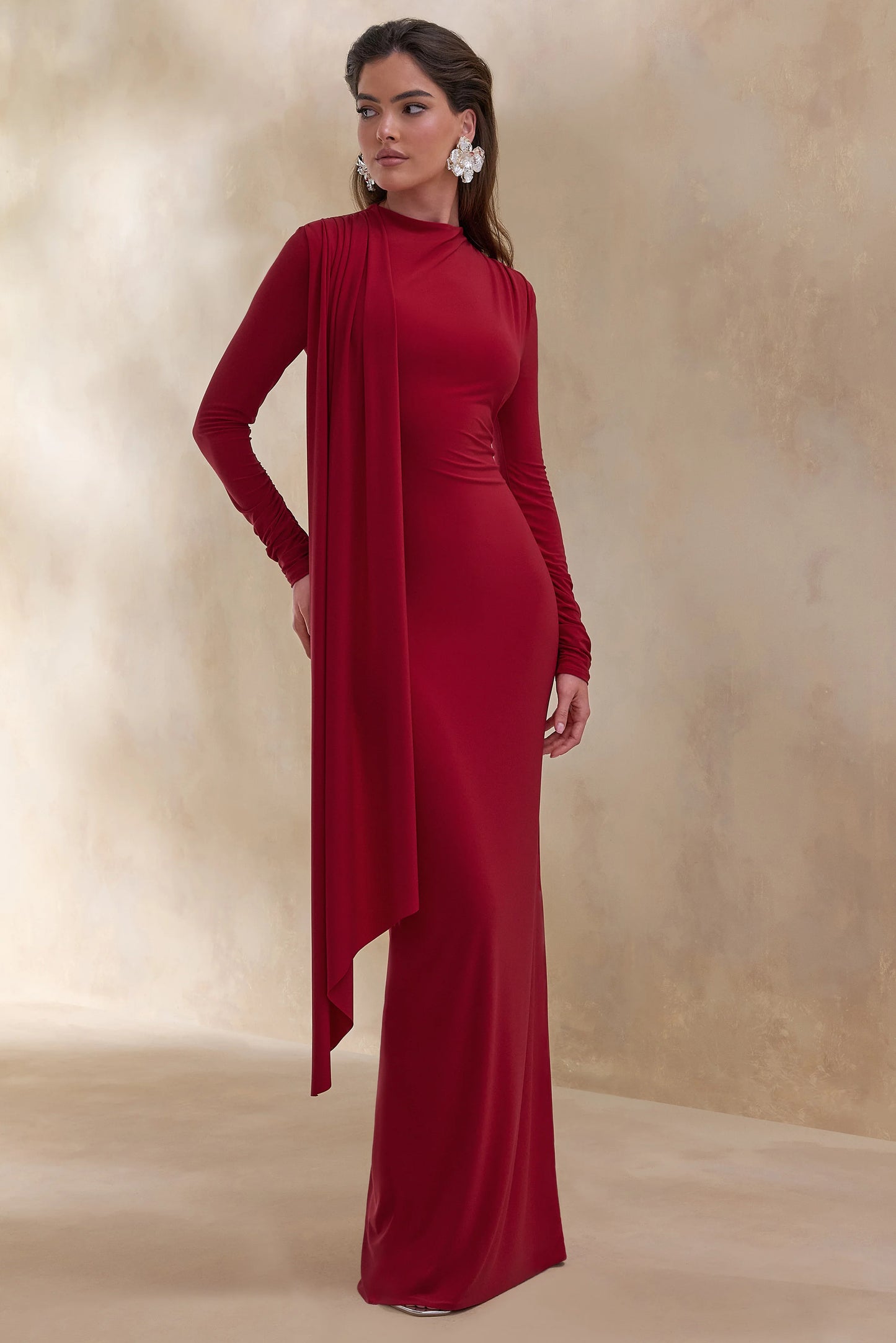 Amaria Red High-Neck Maxi Dress With Sash-Detail