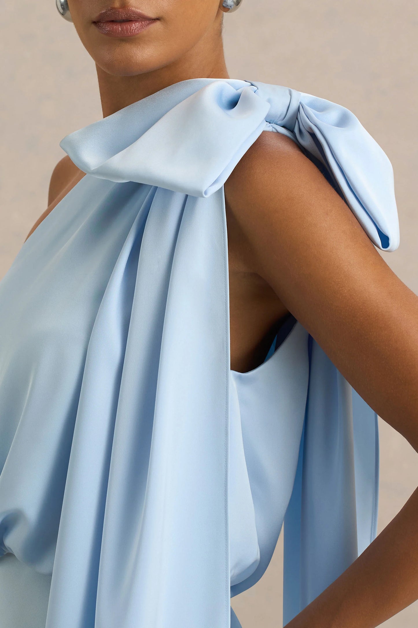 Celestia Powder Blue Satin Asymmetric-Neck Midi Dress With Cape Detail