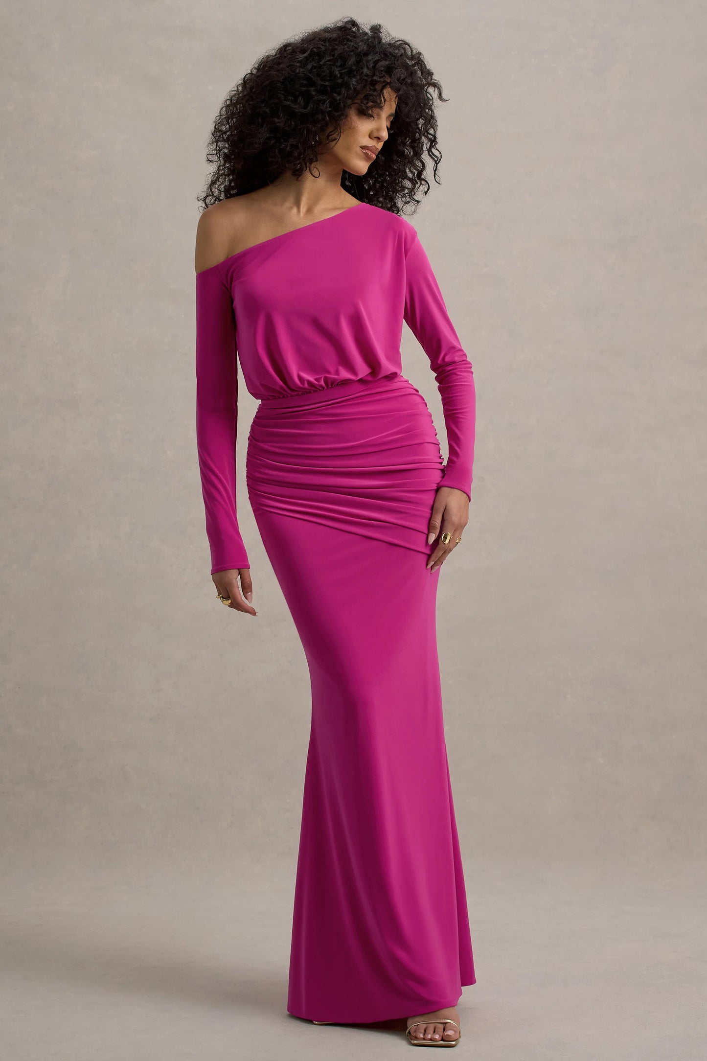 Deanna Hot Pink Asymmetric Long-Sleeve Ruched Maxi Dress