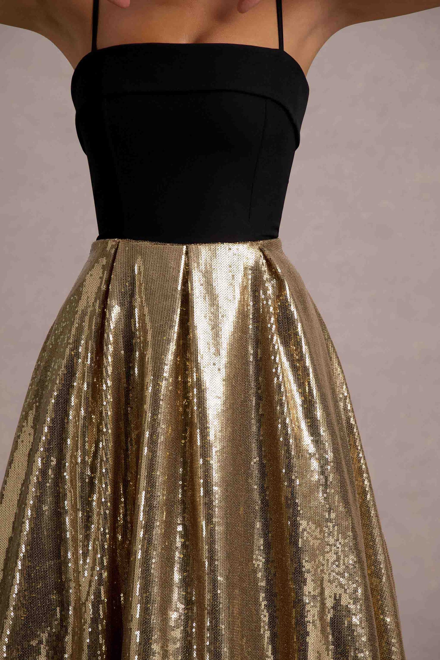 Nicci Black & Gold Strappy Midi Dress With Sequin Skirt