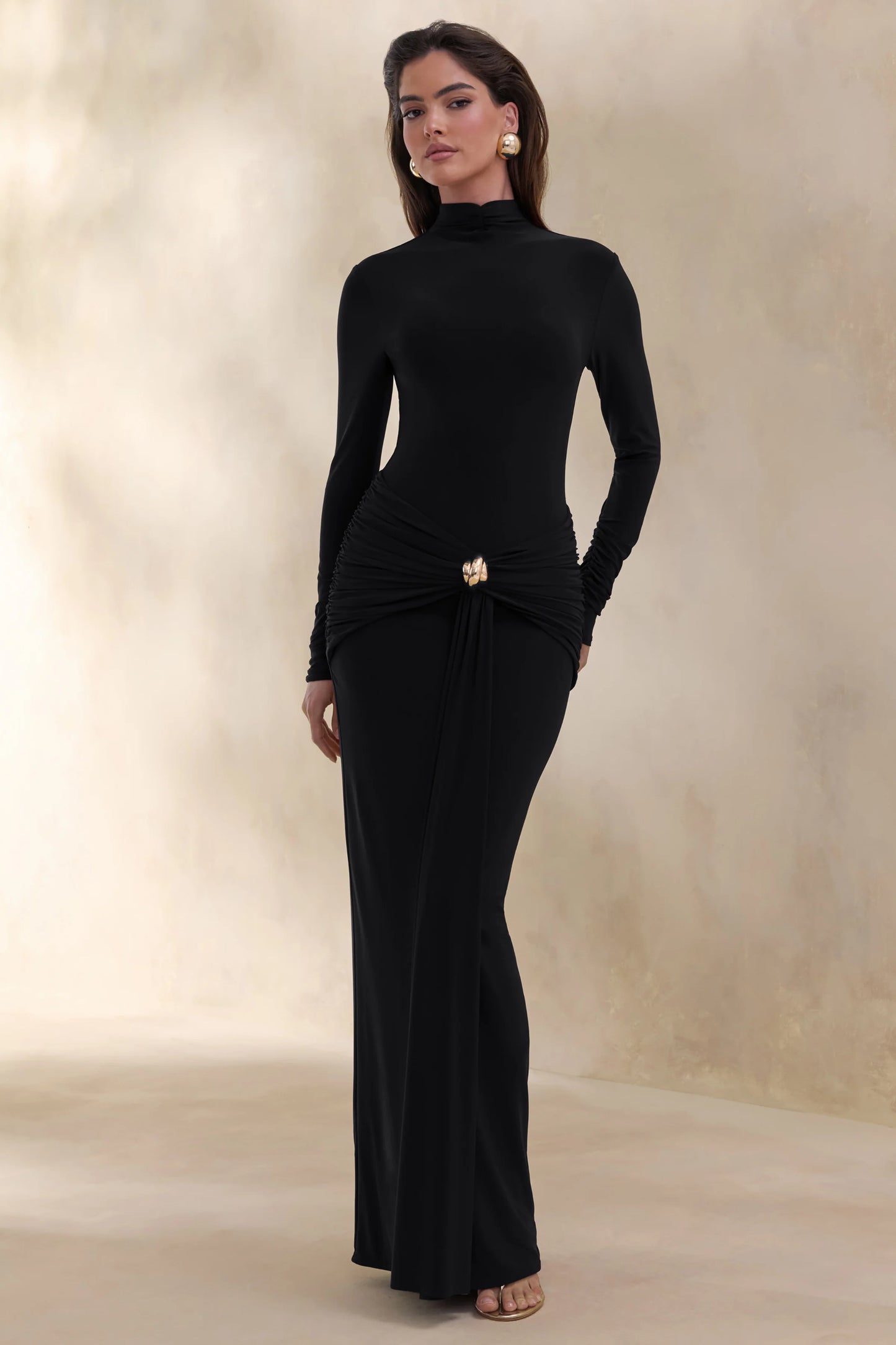 Ambrette Black High-Neck Maxi Dress With Gathered-Detailing