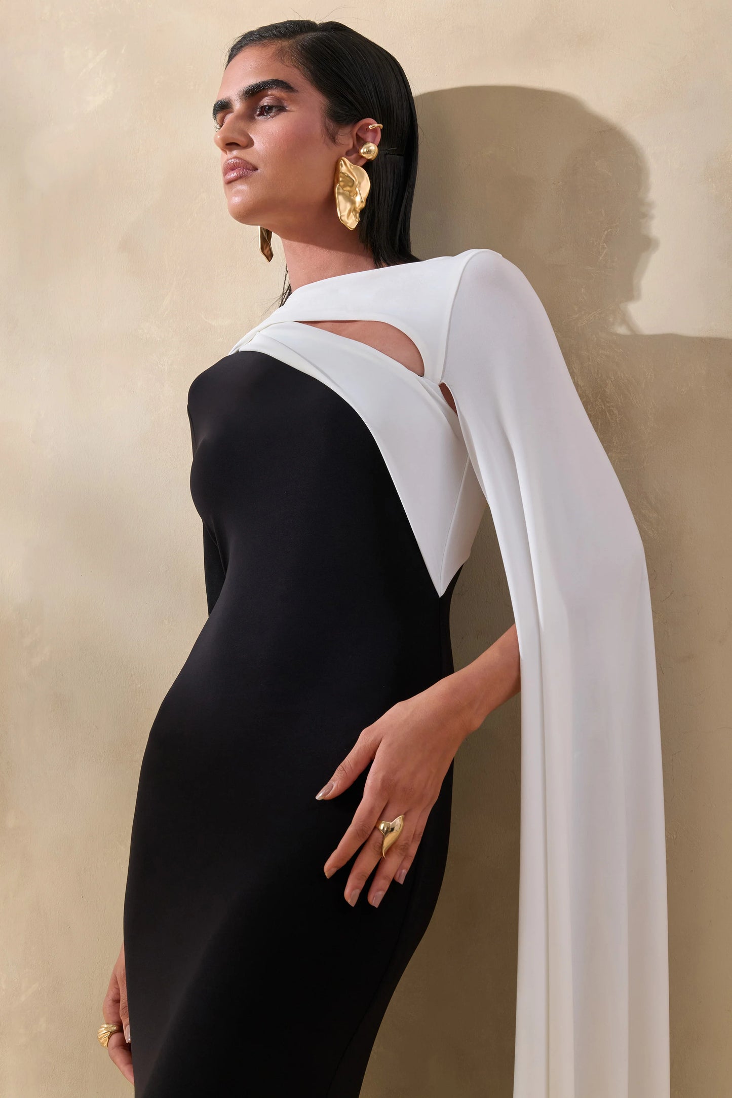 Dabria Black And White Asymmetric-Neck Maxi Dress With Cape-Sleeve