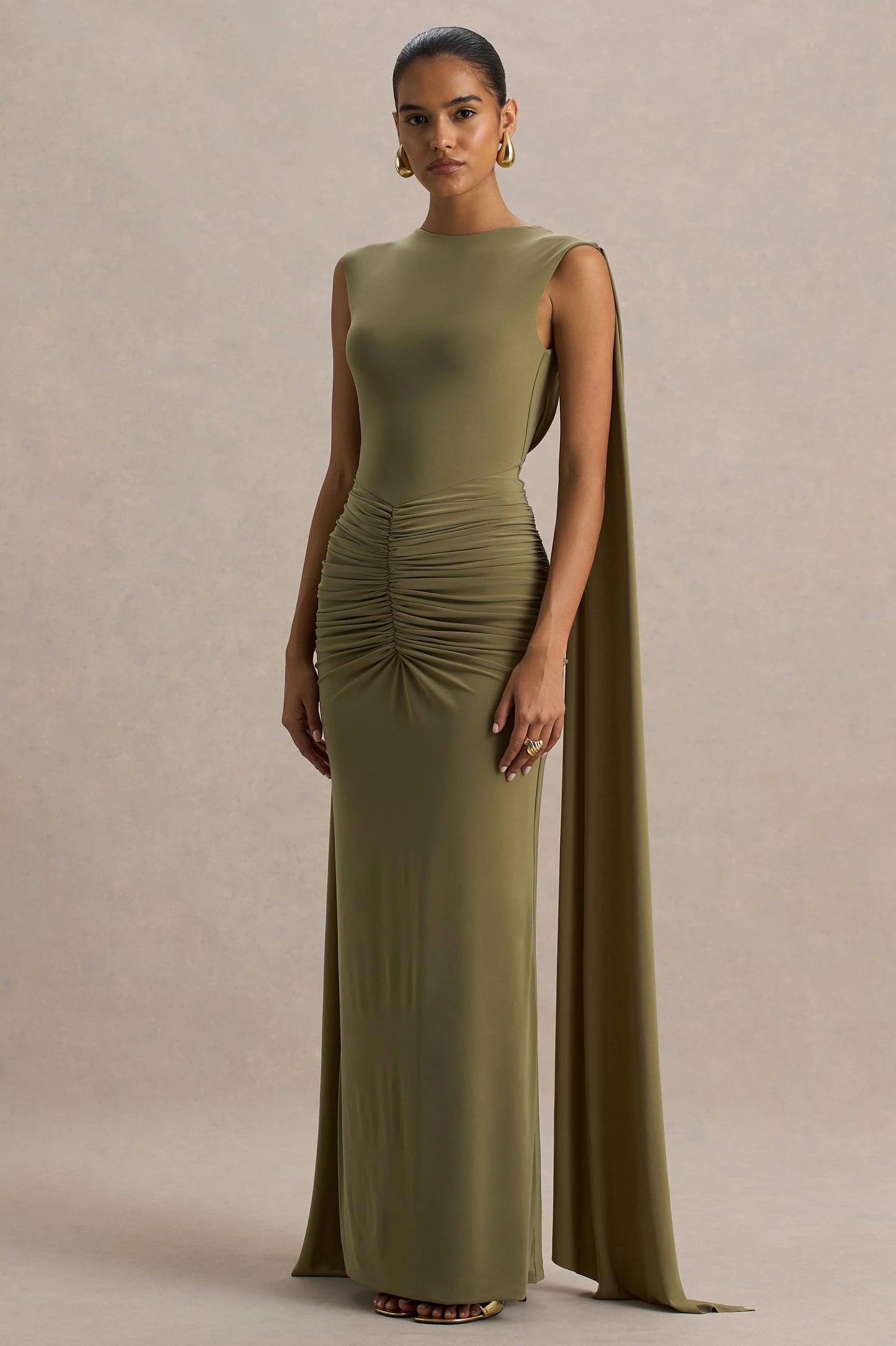 Premiere Olive Boat-Neck Maxi Dress With Cape-Sleeves And Open-Back