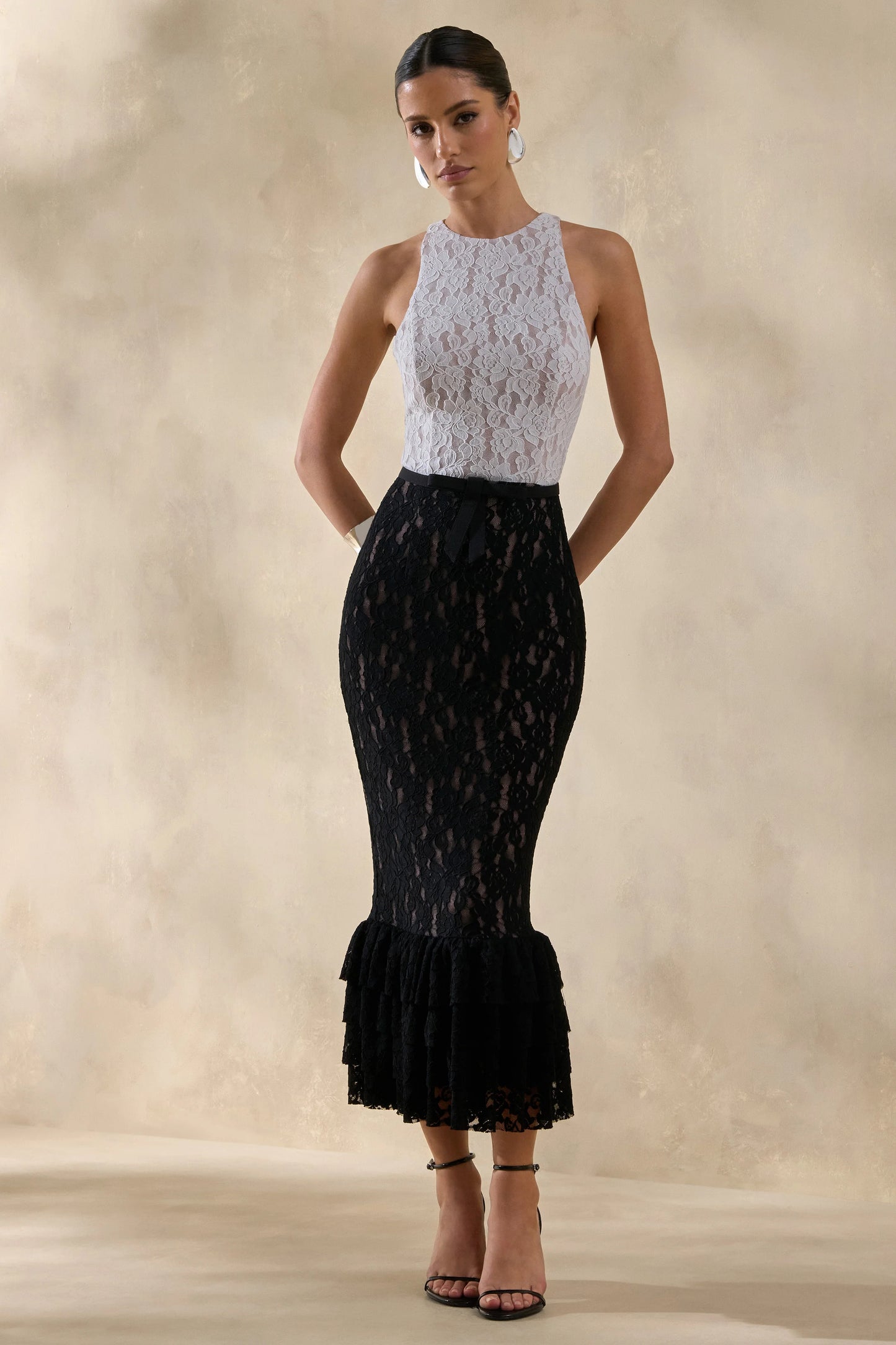 Vionna Black And White Lace High-Neck Midi Dress With Bow-Belt Detail