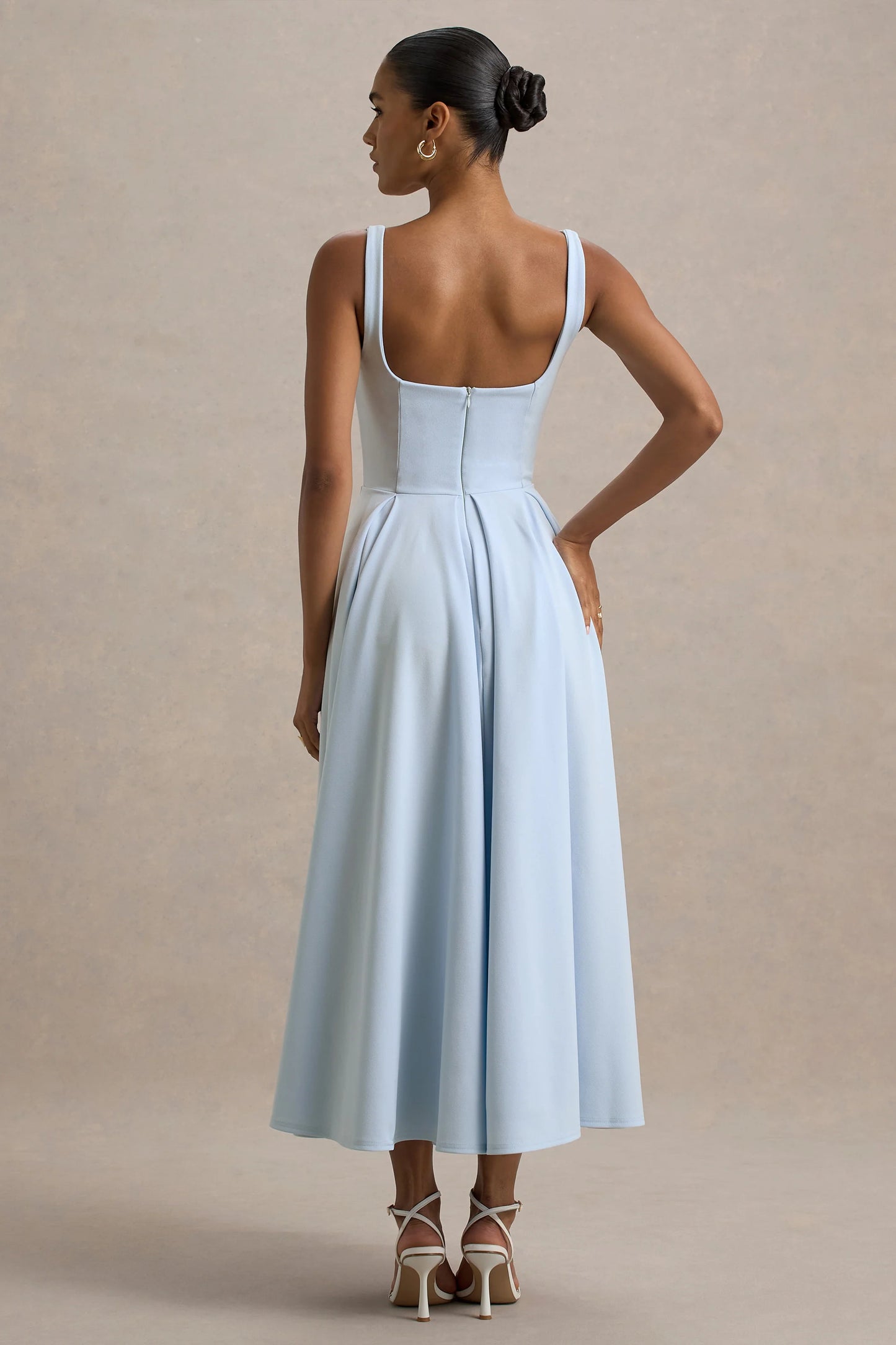 Parina Powder Blue Strappy Volume-Hem Midi Dress