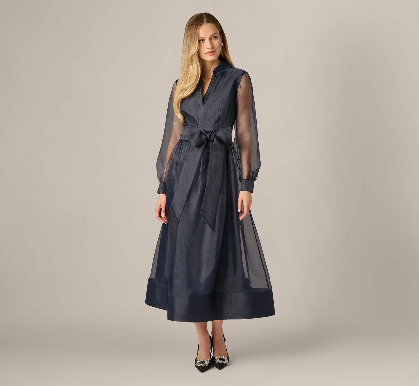 Long Sleeve Organza Collared Ankle Length Midi Dress In Midnight