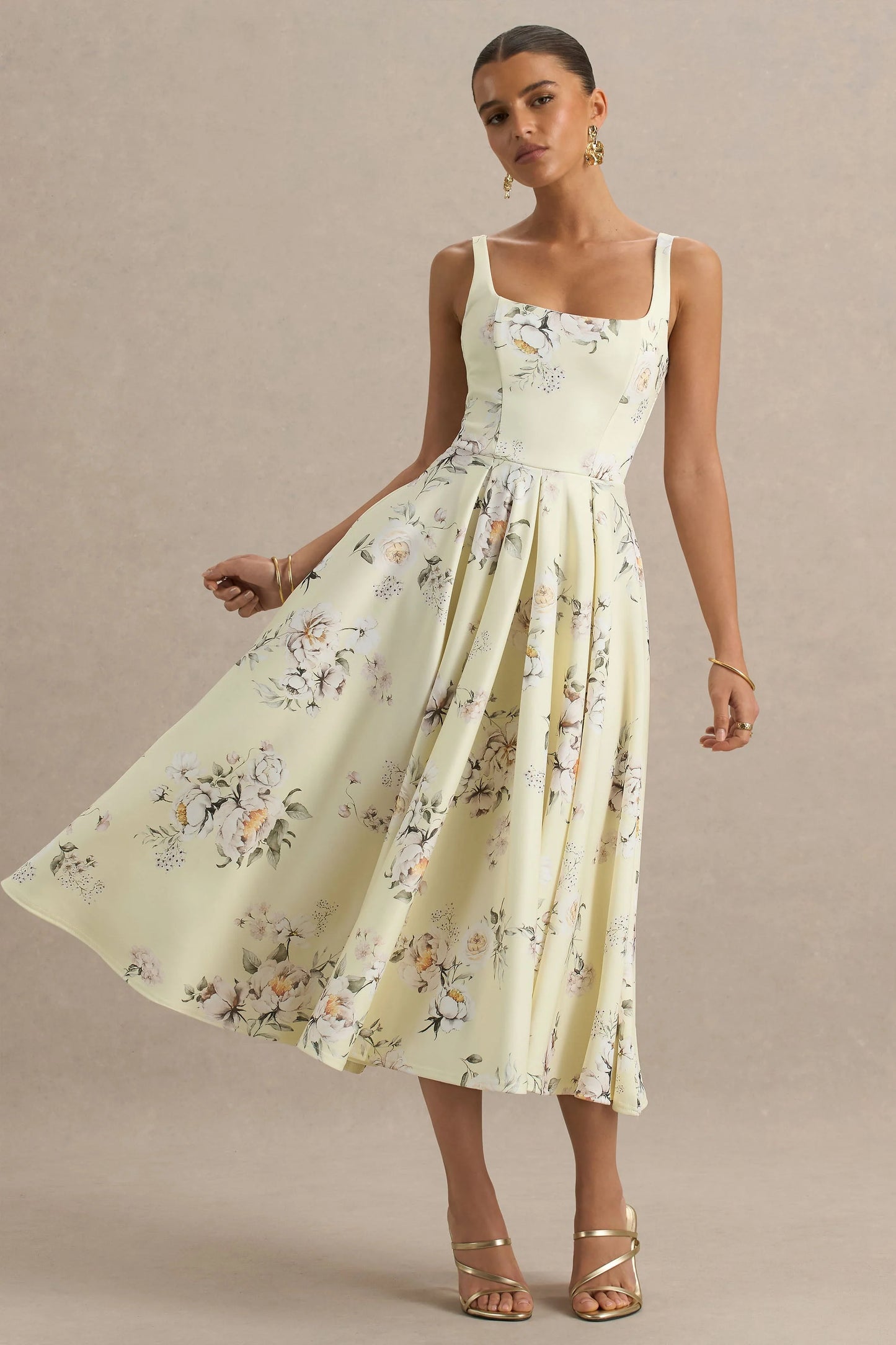 Lissa Lemon Floral Bouquet Print Square-Neck Midi Dress