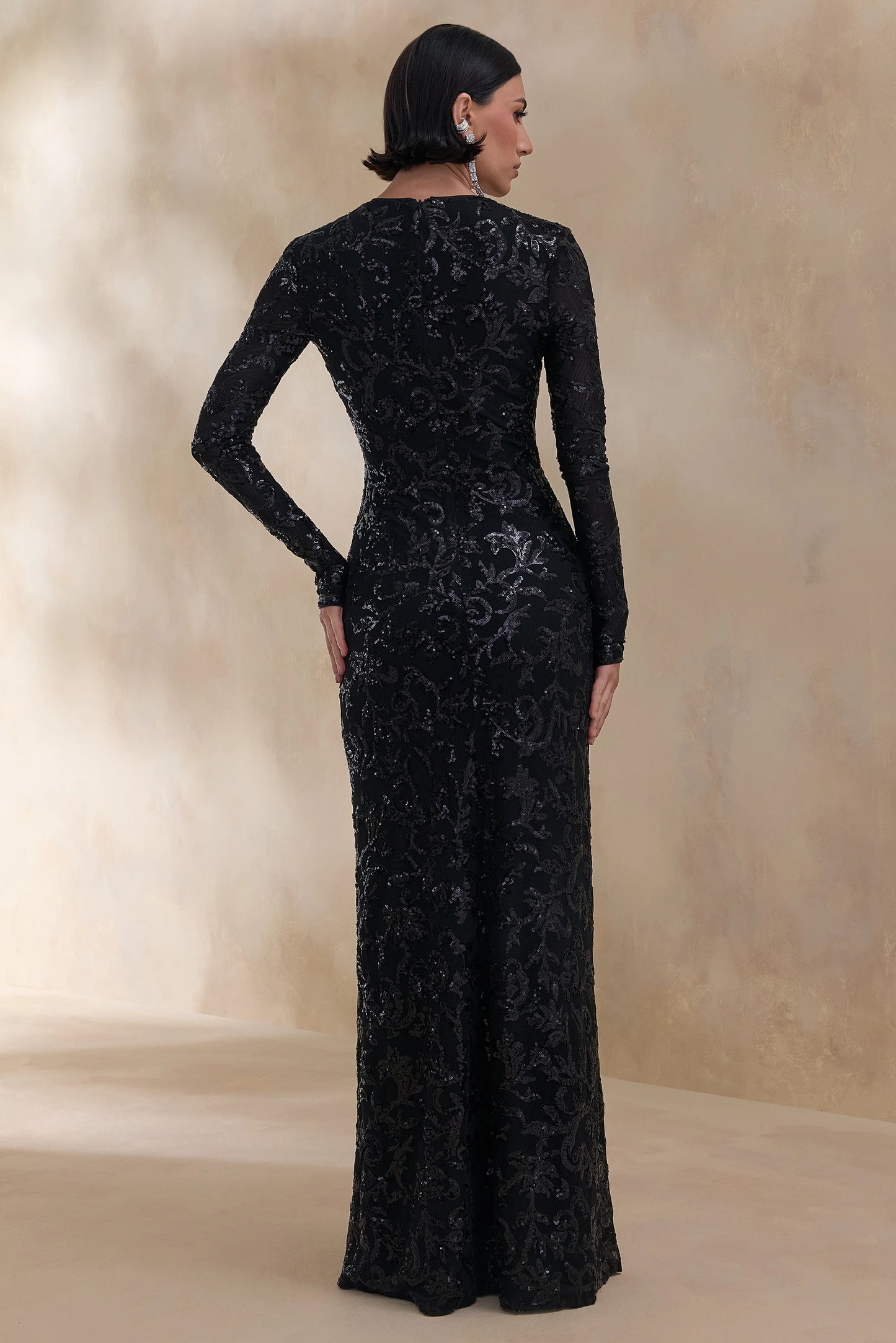 Stellar Black Embellished Lace High-Neck Maxi Dress With Long Sleeves