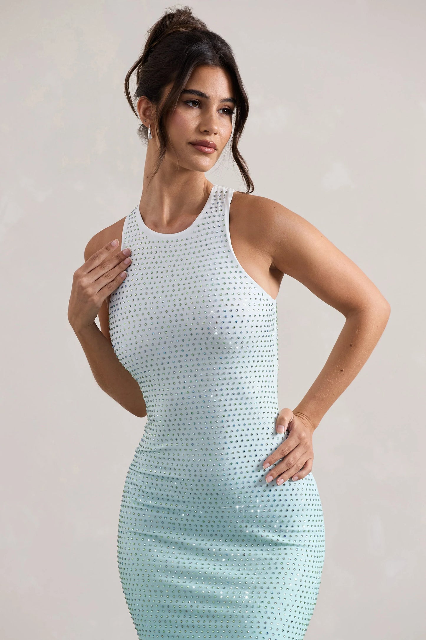 Escala Mint Ombre Embellished Racer-Neck Maxi Dress
