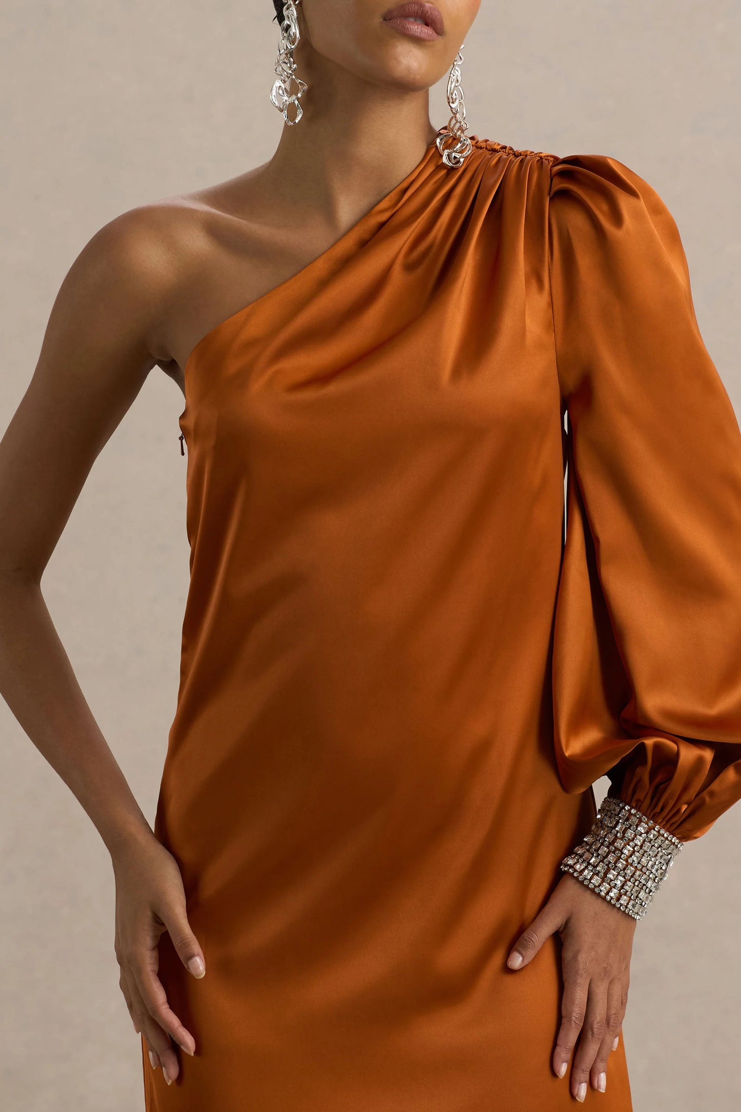 Thelma Orange Satin Asymmetric Maxi Dress With One-Sleeve
