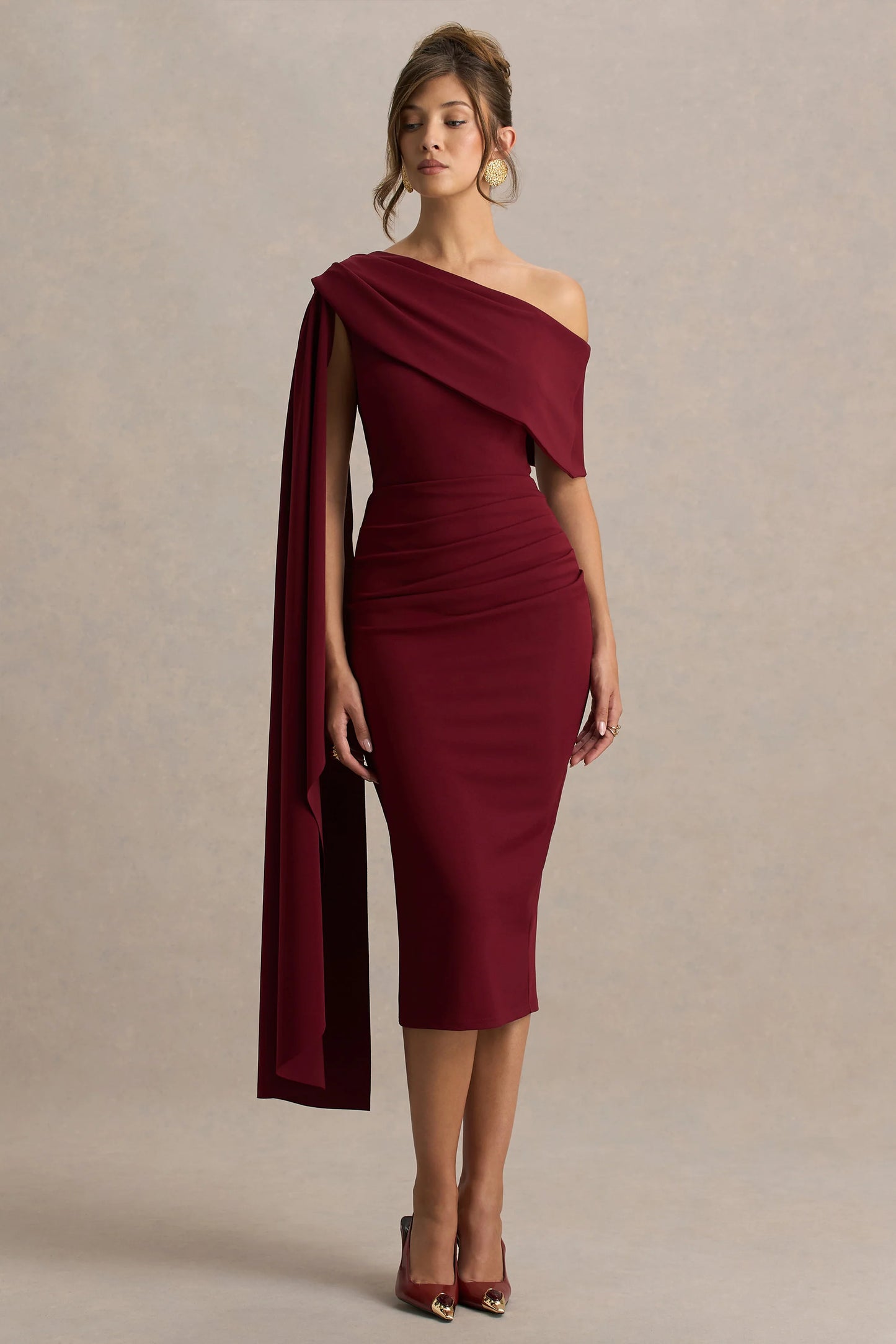 Leah Burgundy Asymmetric-Neck Midi Dress With Cape-Sleeve