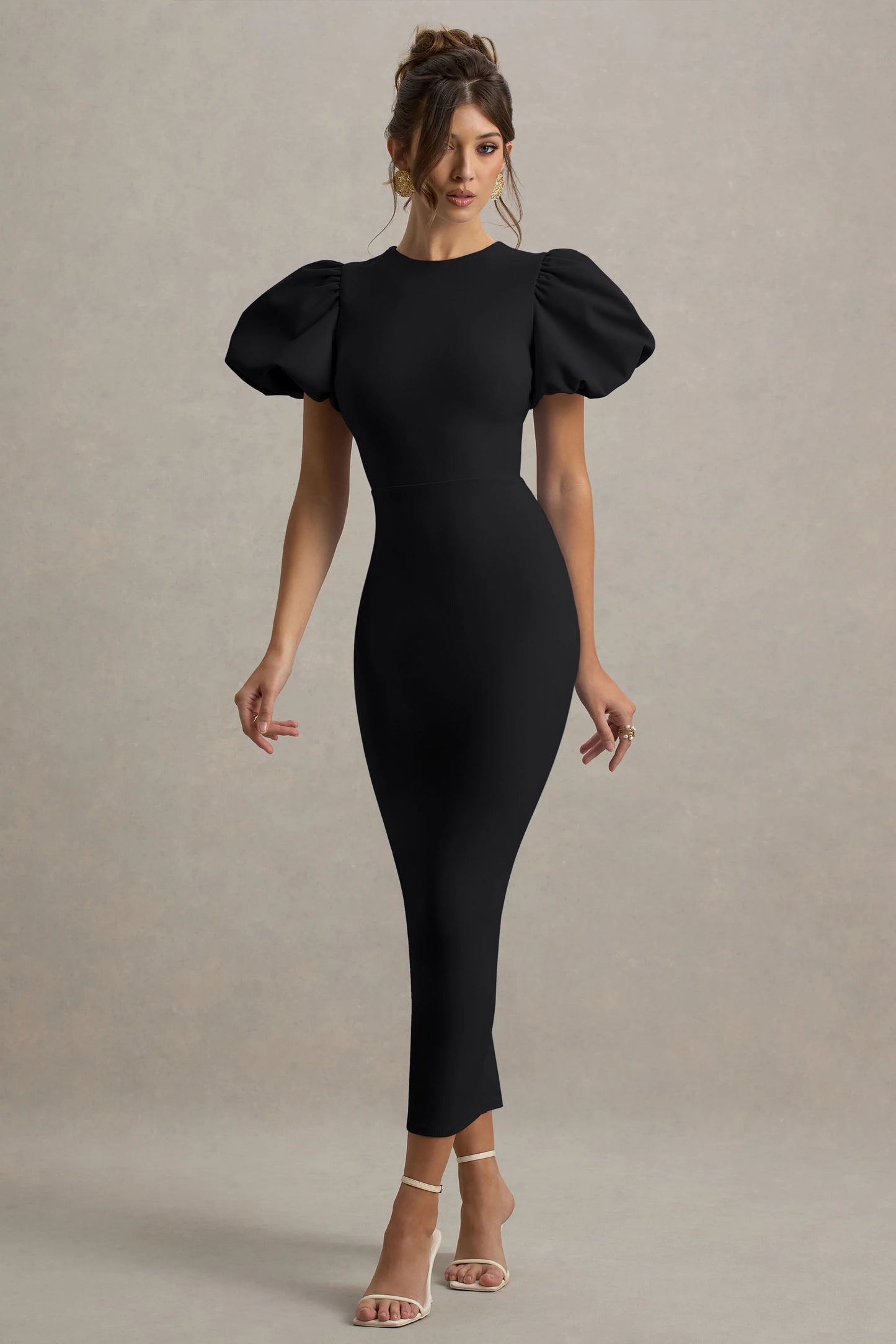 Dakota Black Puff-Sleeve Midi Dress