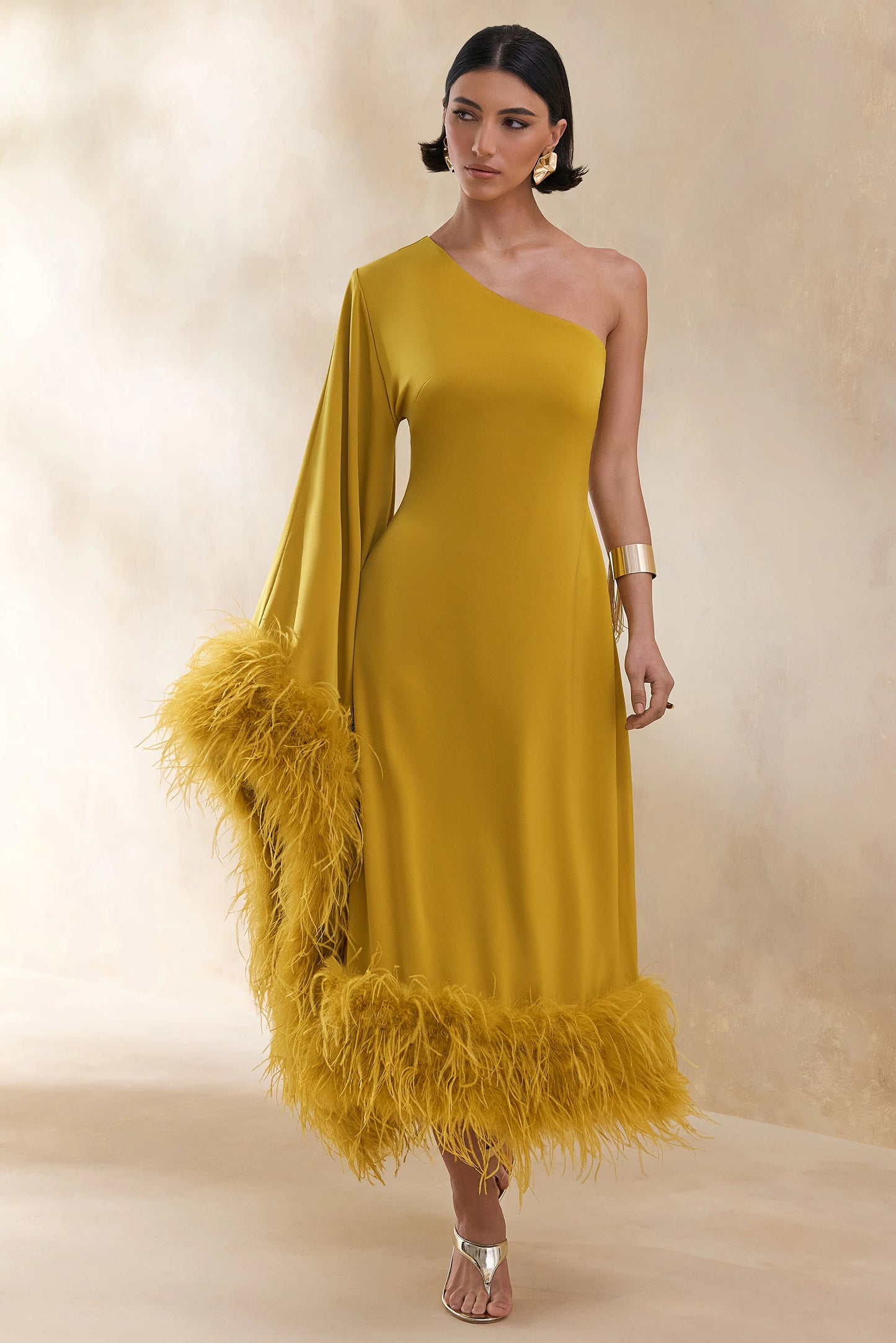Destiny Yellow Satin Asymmetric-Neck Midi Dress With Feather Details