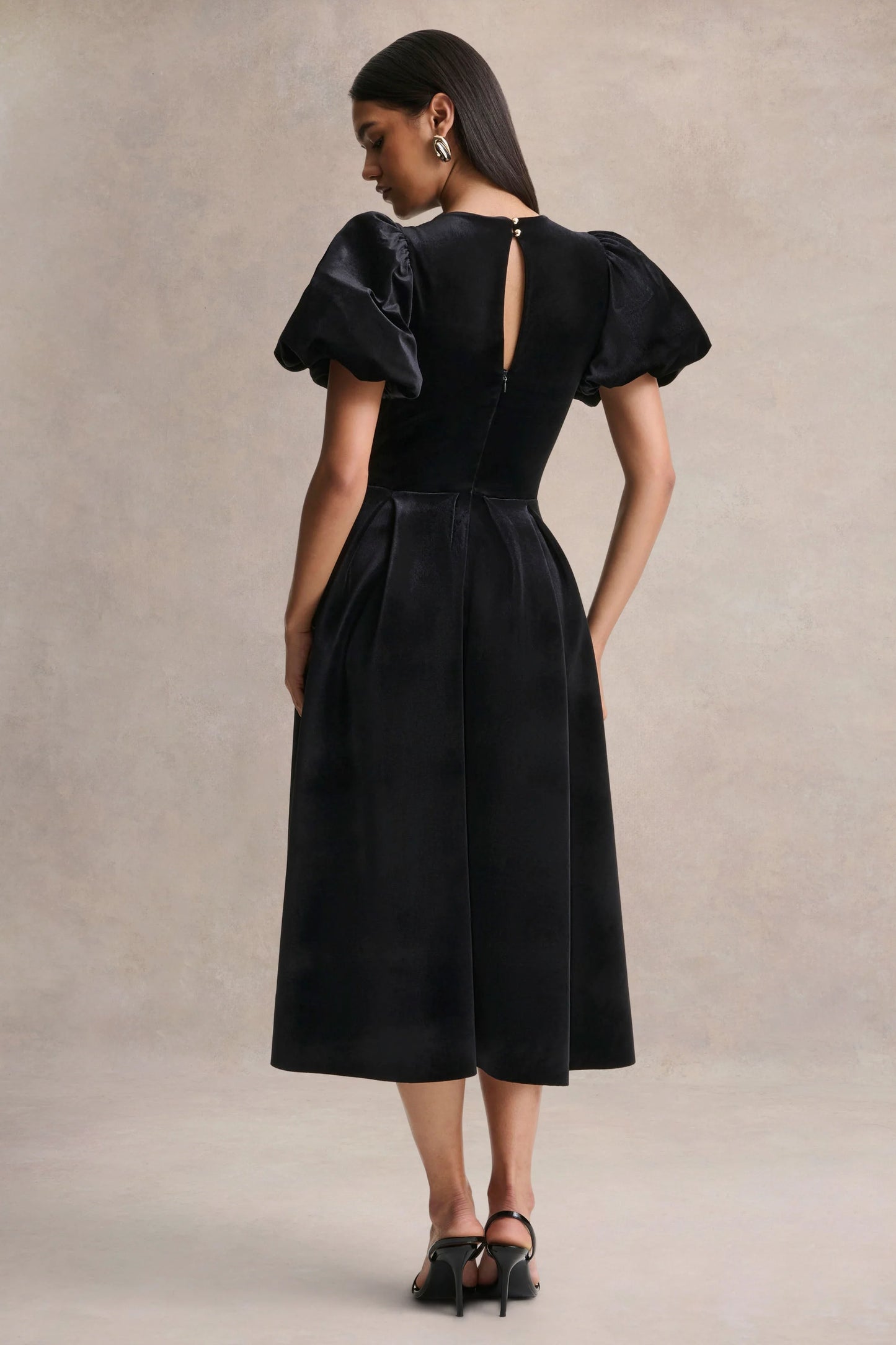 Seraphic Black Velvet Puff-Sleeve Midi Dress