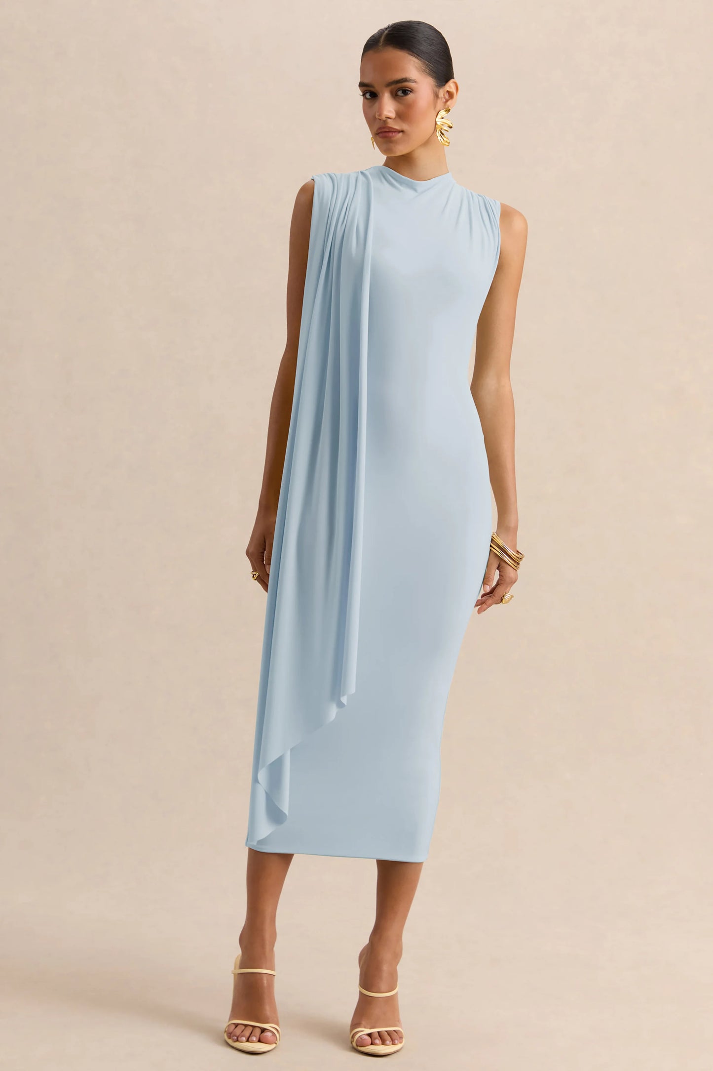 Oleandra Light Blue High-Neck Midi-Dress With Draped-Detail
