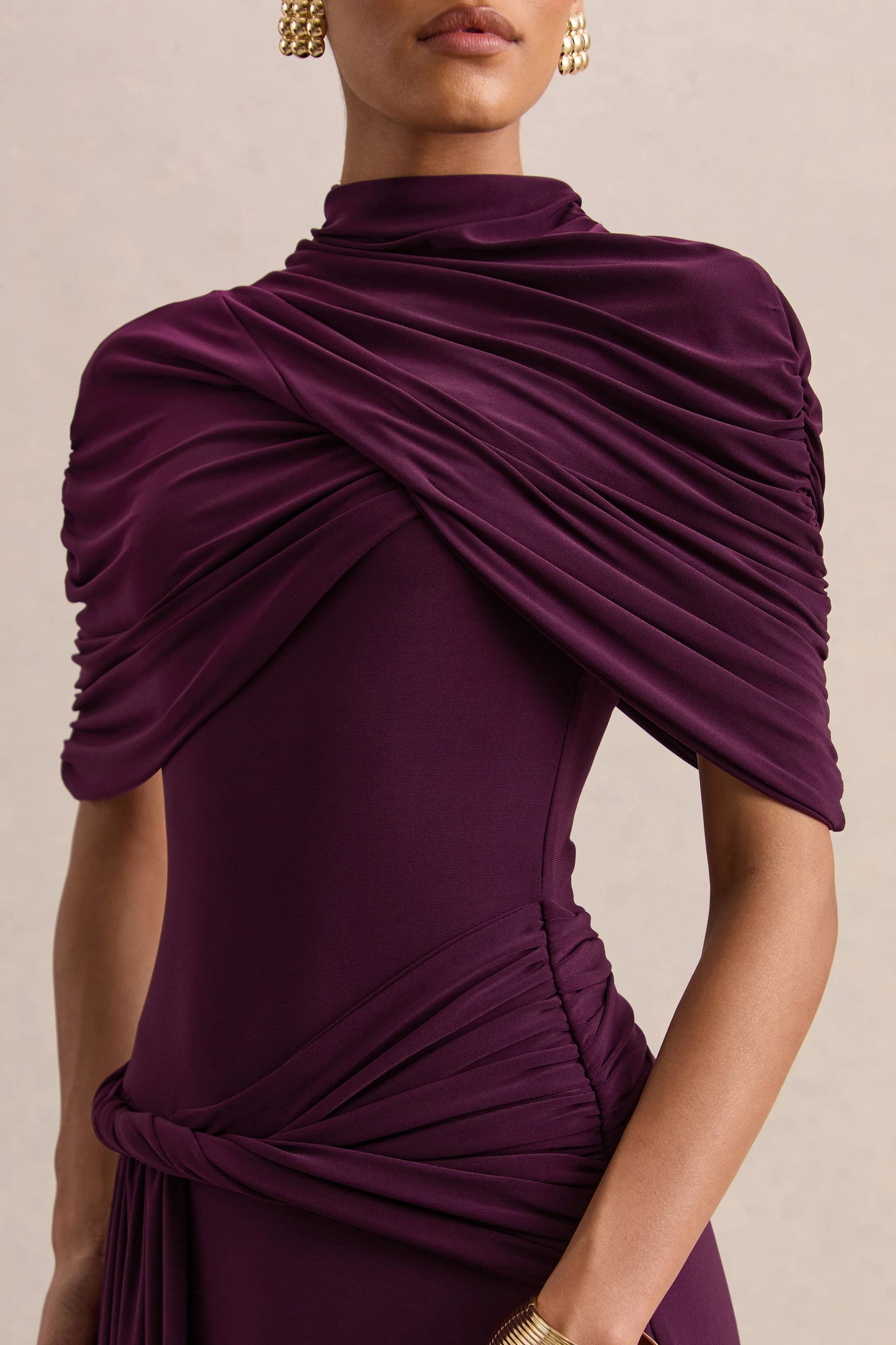 Evelisse Plum High-Neck Maxi Dress With Short-Cape Sleeves