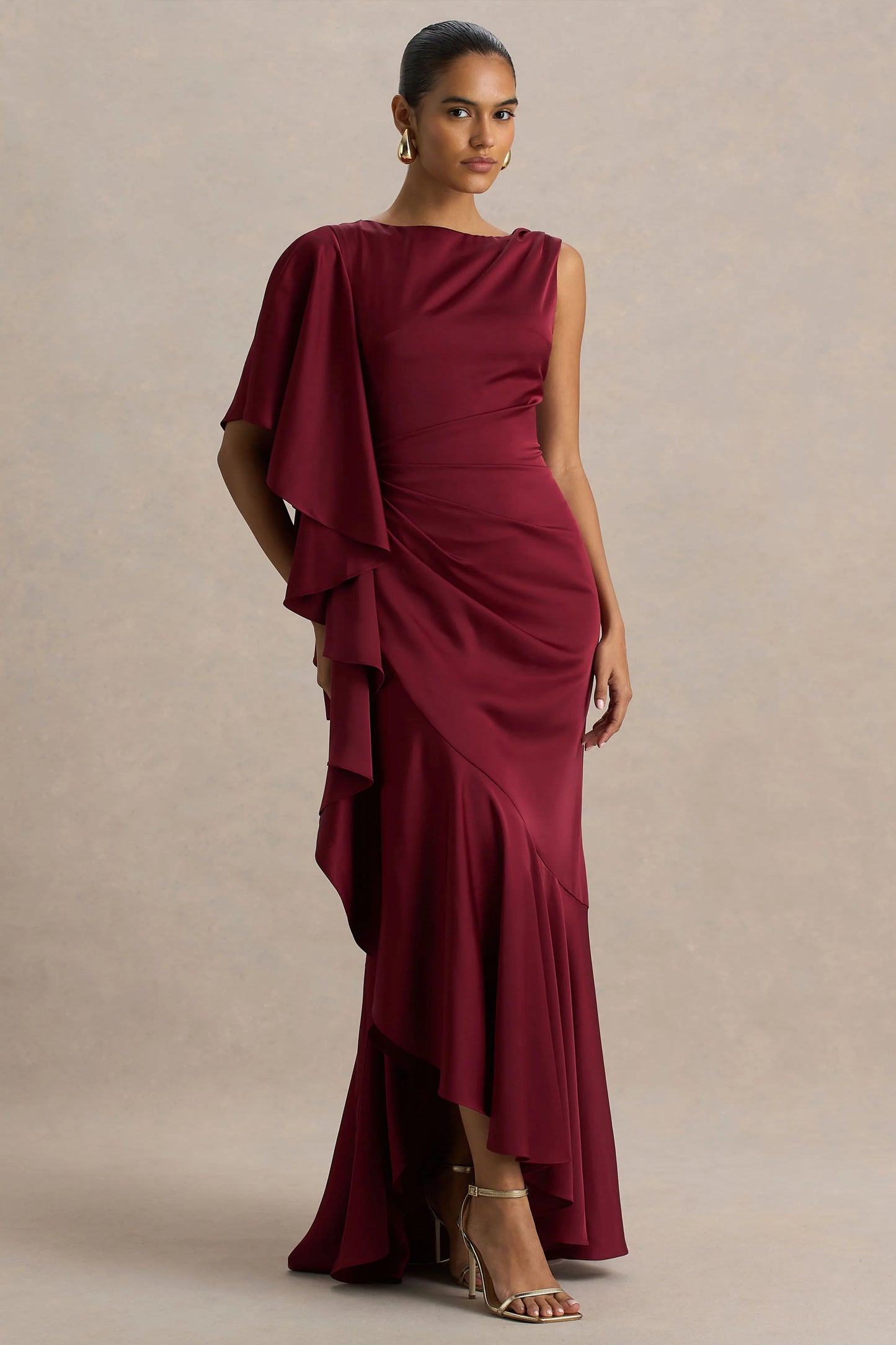 Rosy Burgundy Satin Boat-Neck Maxi Dress With Front Split And Ruffled Detailing