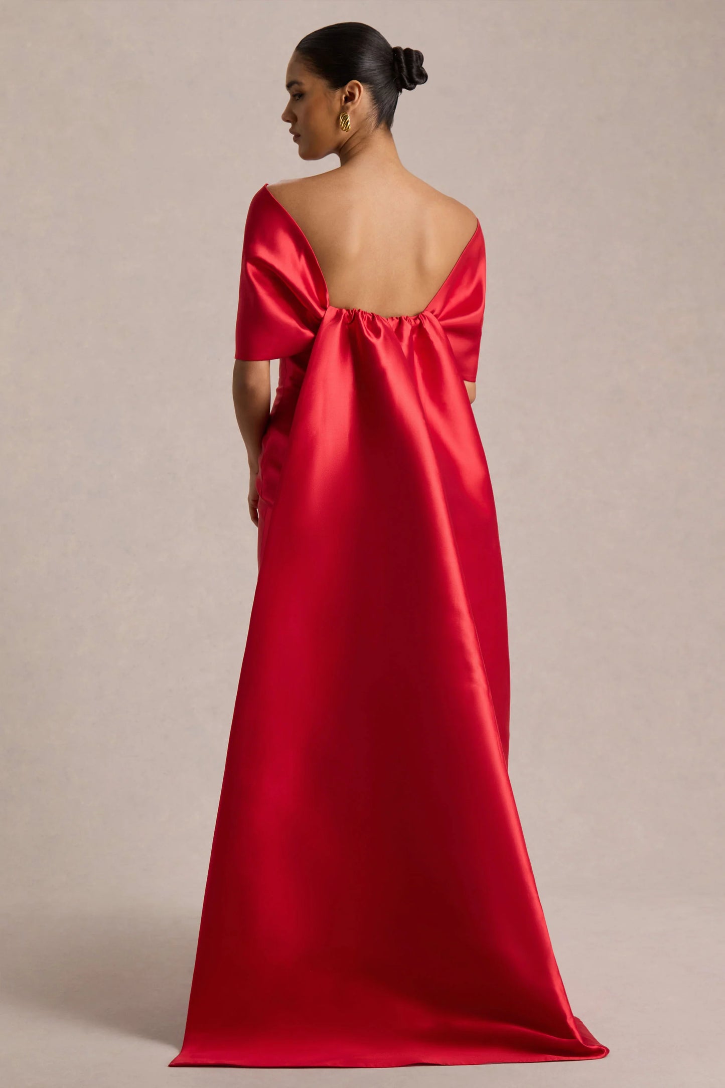 Wanting More Red Satin Cape Maxi Dress With Oversized Bow
