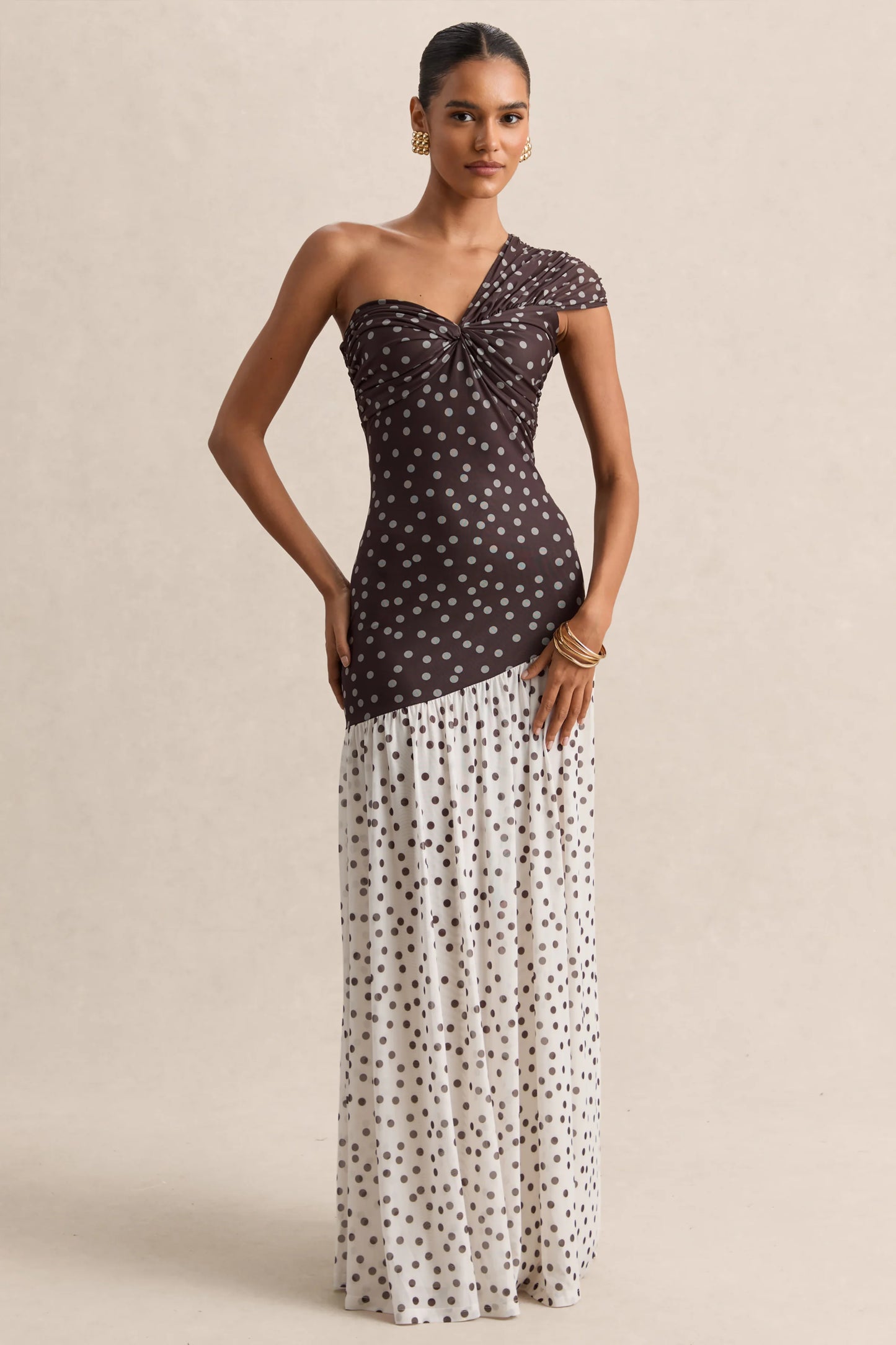 Motira Brown Polka-Dot Asymmetric-Neck Maxi Dress With Asymmetric Drop-Waist