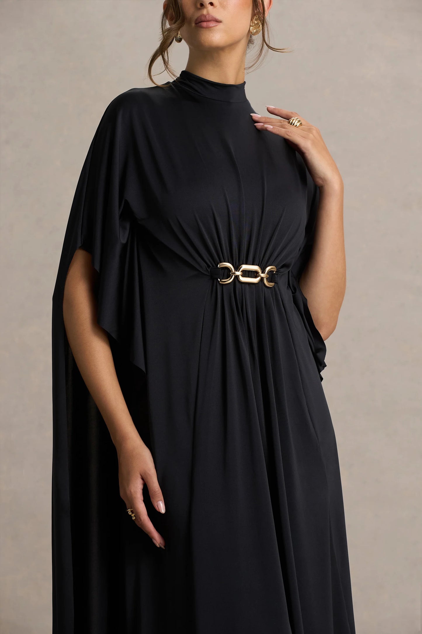 Olessia Black Belted Gathered Cape-Sleeve Maxi Dress