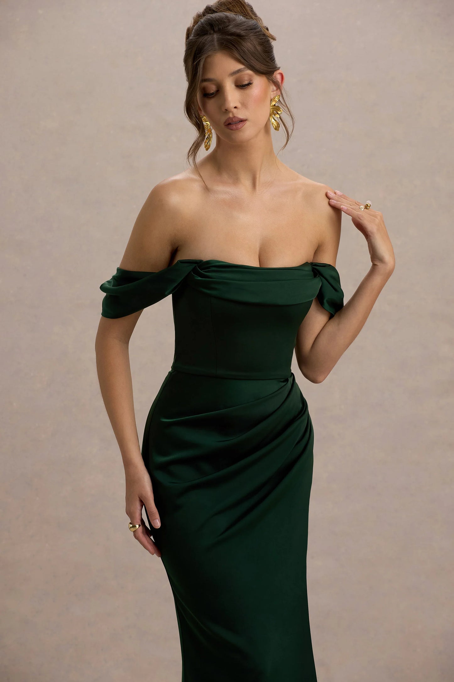 Annie Bottle Green Satin Bardot Maxi Dress With Split Wrap Skirt