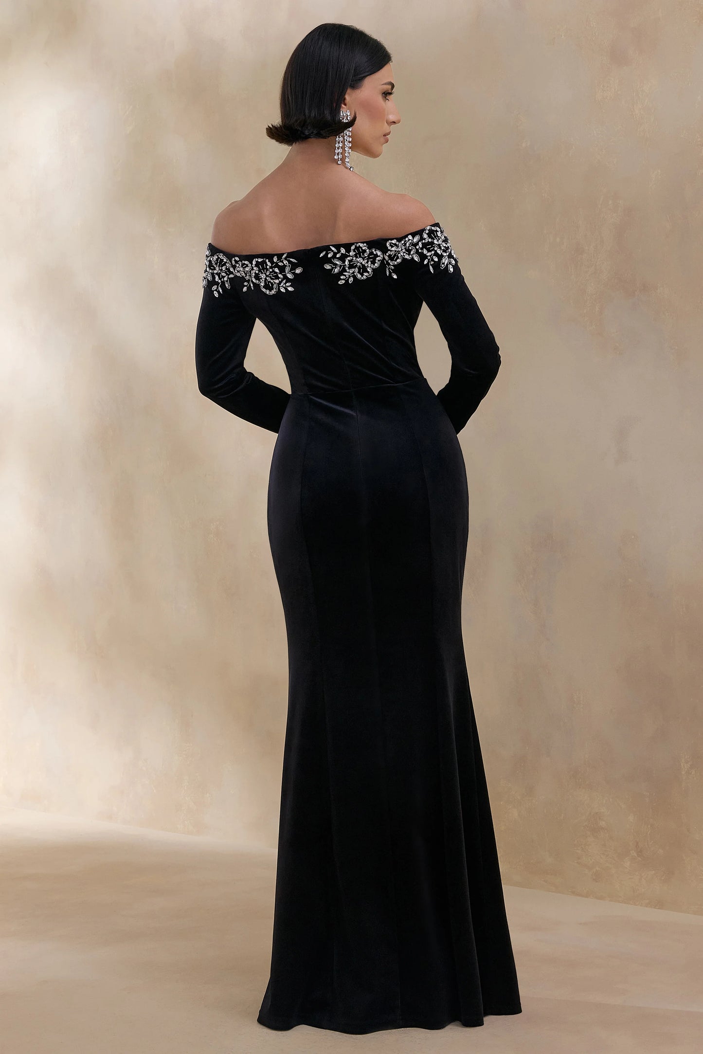 Fern Black Velvet Embellished Bardot-Neck Maxi Dress