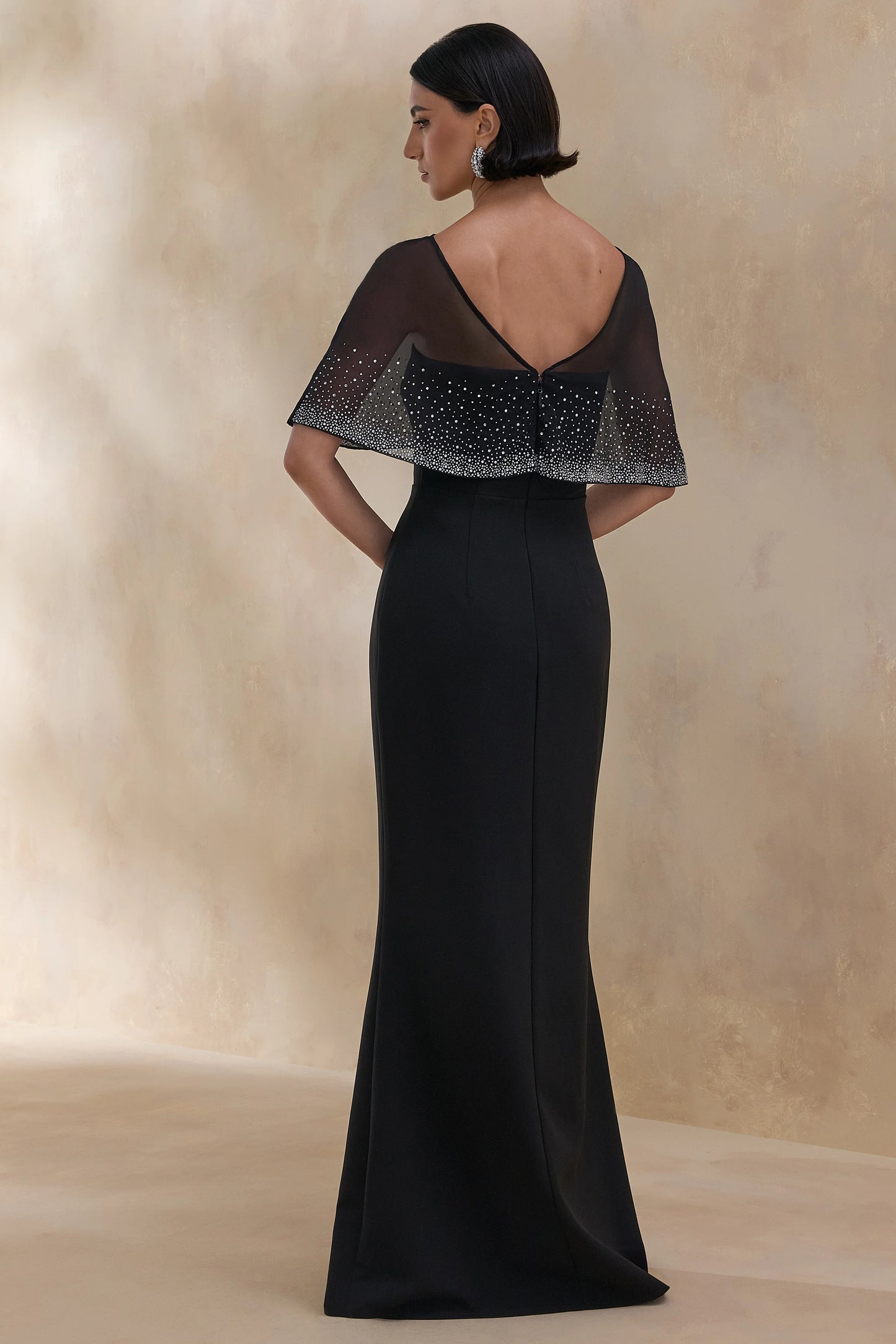 Everly Black Hand-Embellished Cape-Sleeve Maxi Dress