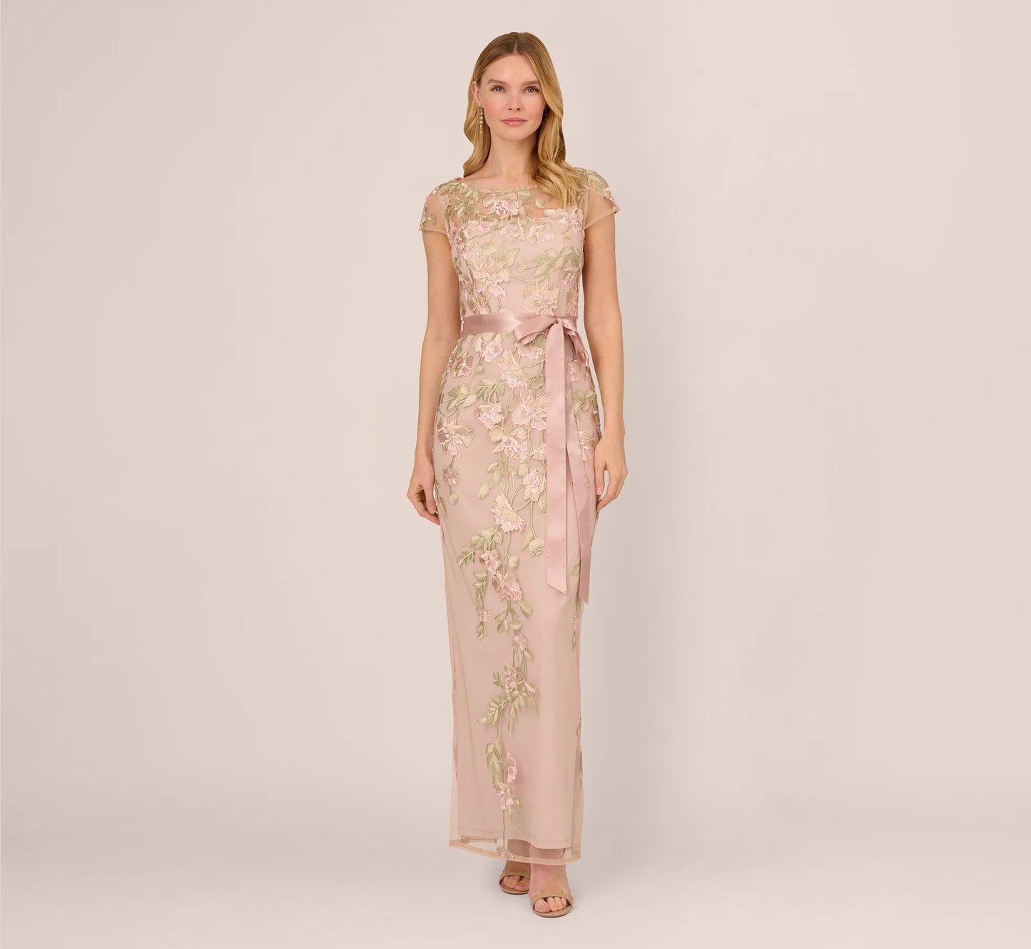 Short Sleeve Floral Embroidered Gown With Ribbon Tie Waist In Blush Nude Multi