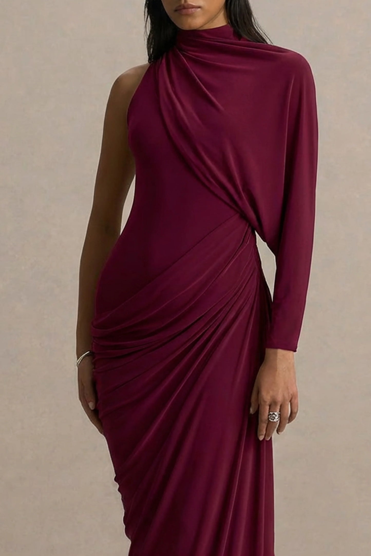 Aphra Burgundy High-Neck Maxi Dress With Cape-Sleeve