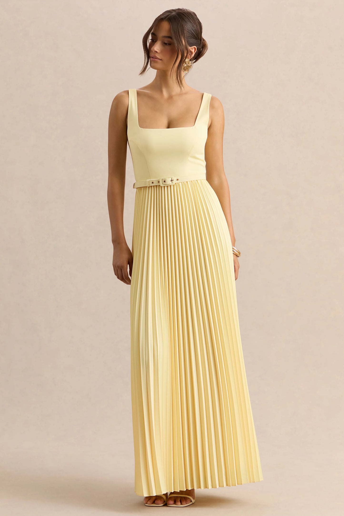Danika Lemon Square-Neck Belted Maxi Dress With Pleated Skirt