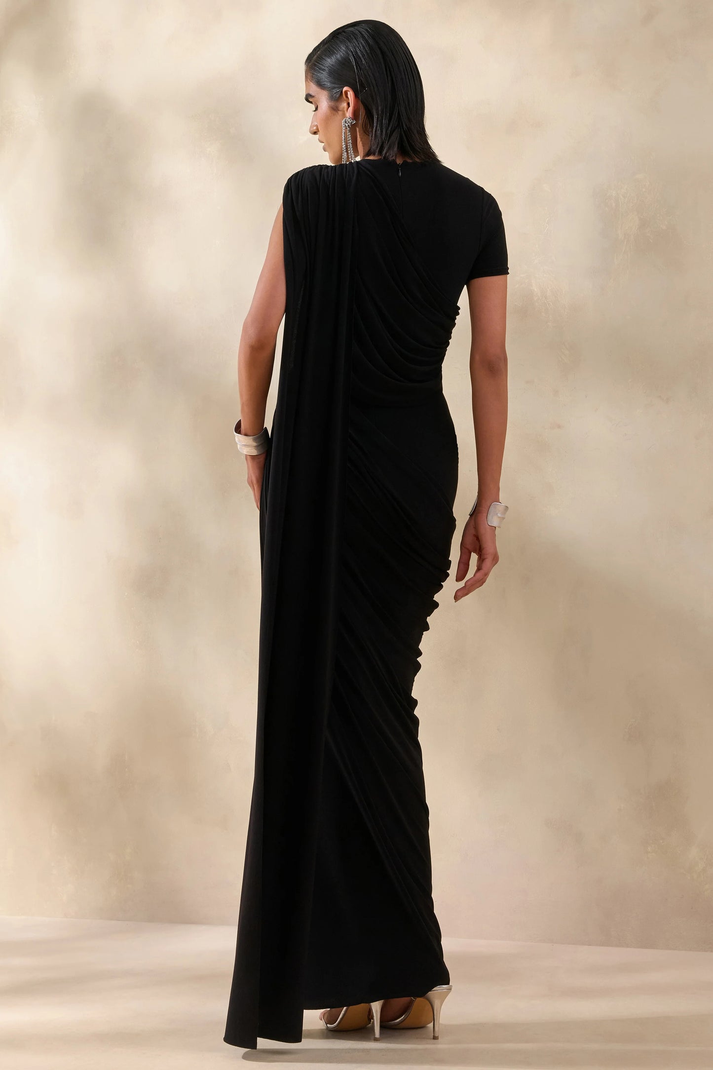 Gisara Black High-Neck Maxi Dress With Sash And Draped-Detailing