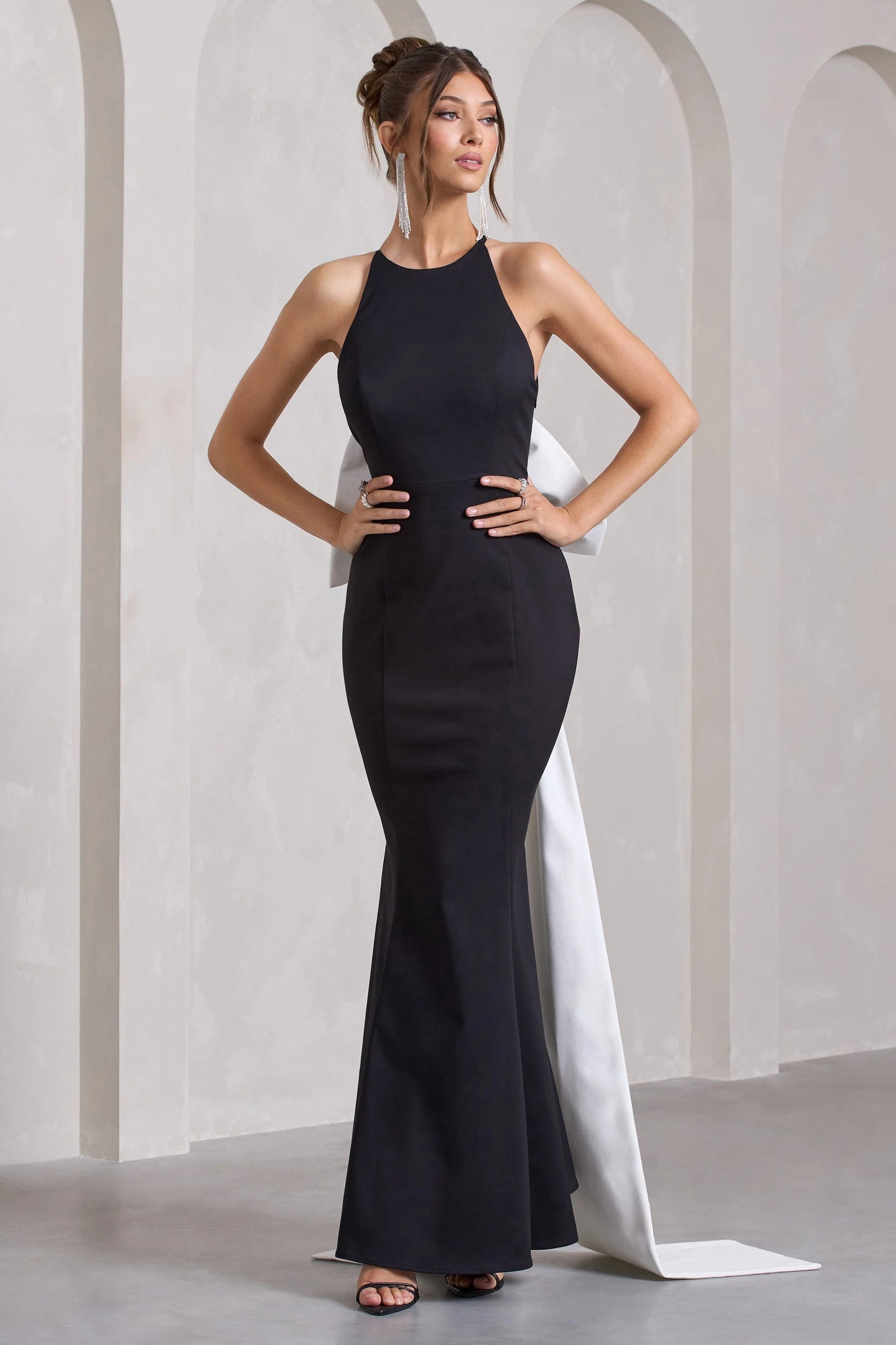 Bestow Black Open-Back Maxi Dress With Oversized White Bow