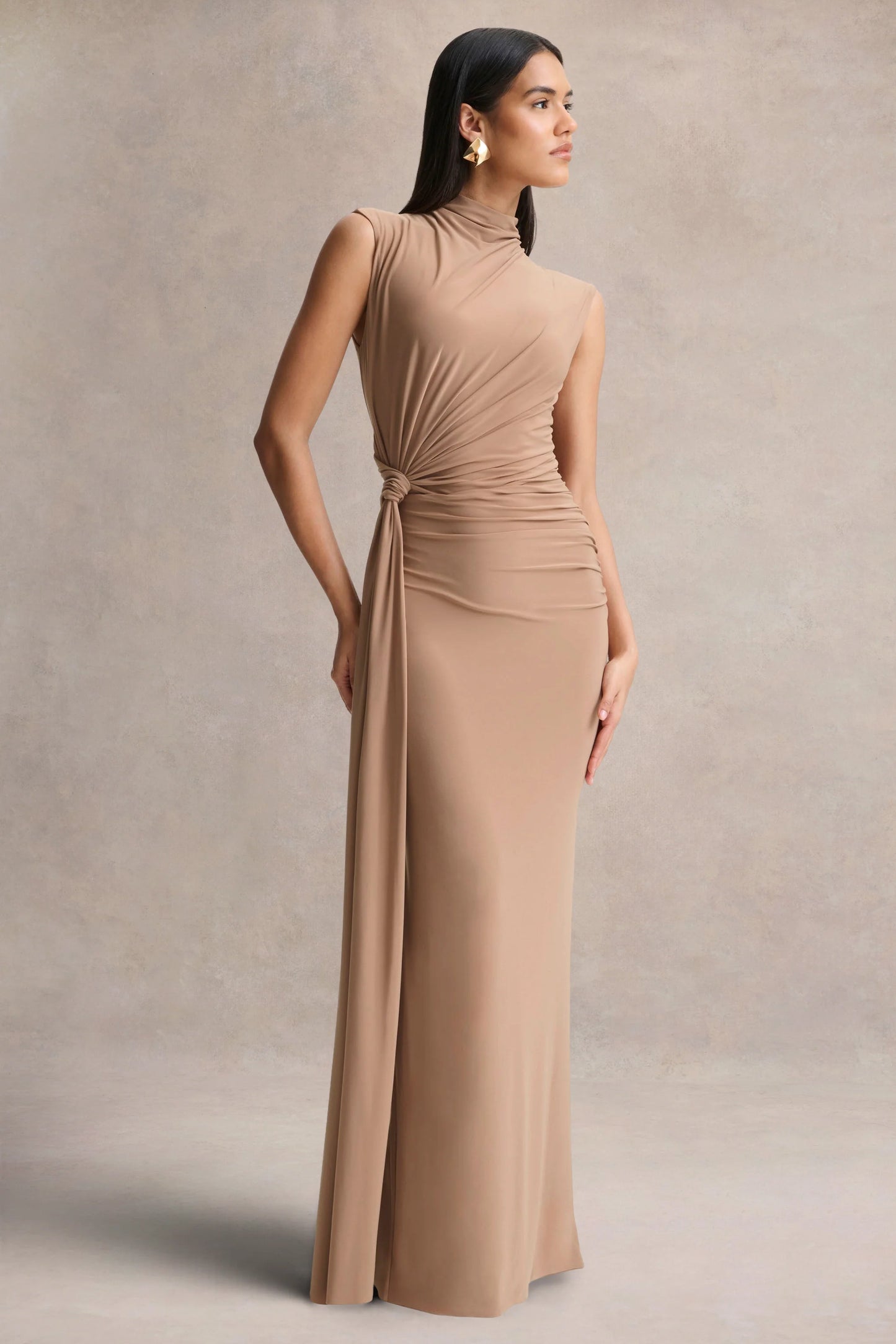 Solene Brown High-Neck Maxi Dress With Wrap And Drape Detail