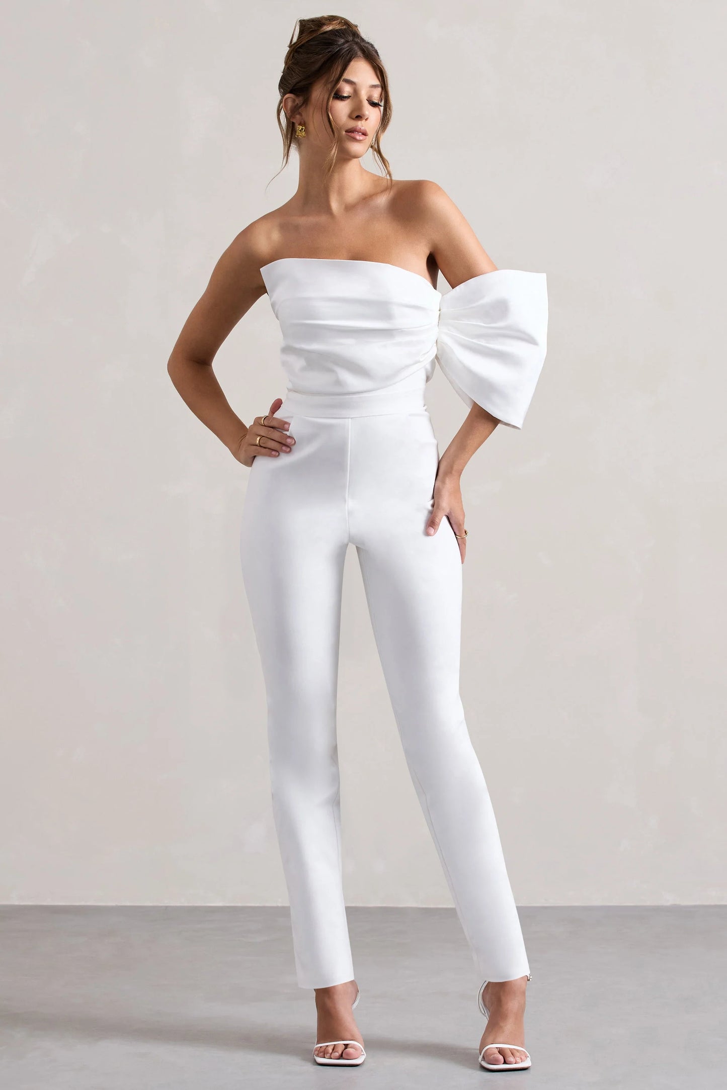 Adabella White Satin Strapless One-Sleeve Straight-Leg Jumpsuit